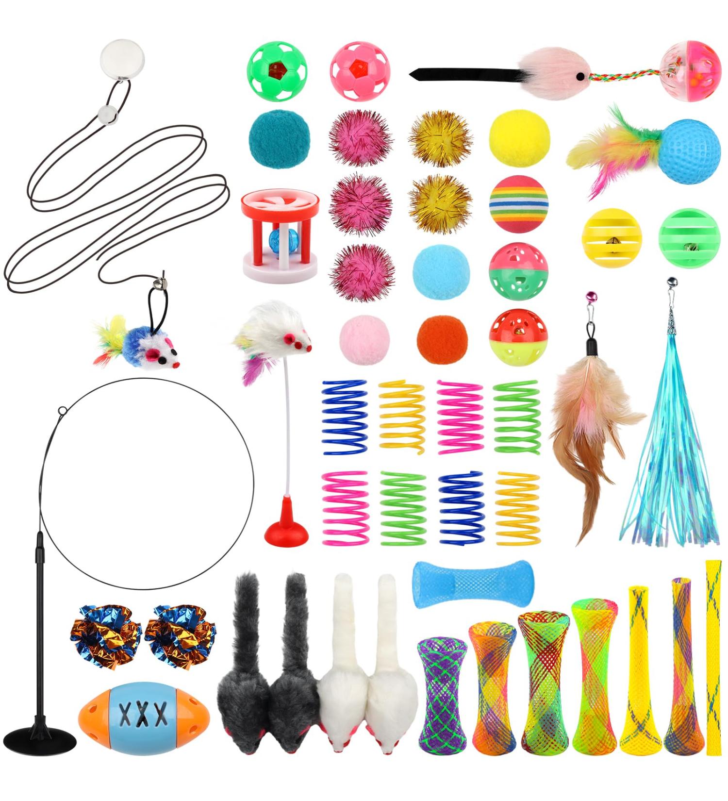 QUOZUO 50 Pcs Cat Toy Kitten Toys set Interactive cat Toy with Suction Cup Wand Hanging Door Flying cat Toys for Indoor Cats Cat Spring Toy Cat Toy Mouse cat ball toy Cat Crinkle Balls - Buy Online on SooperMarket.com
