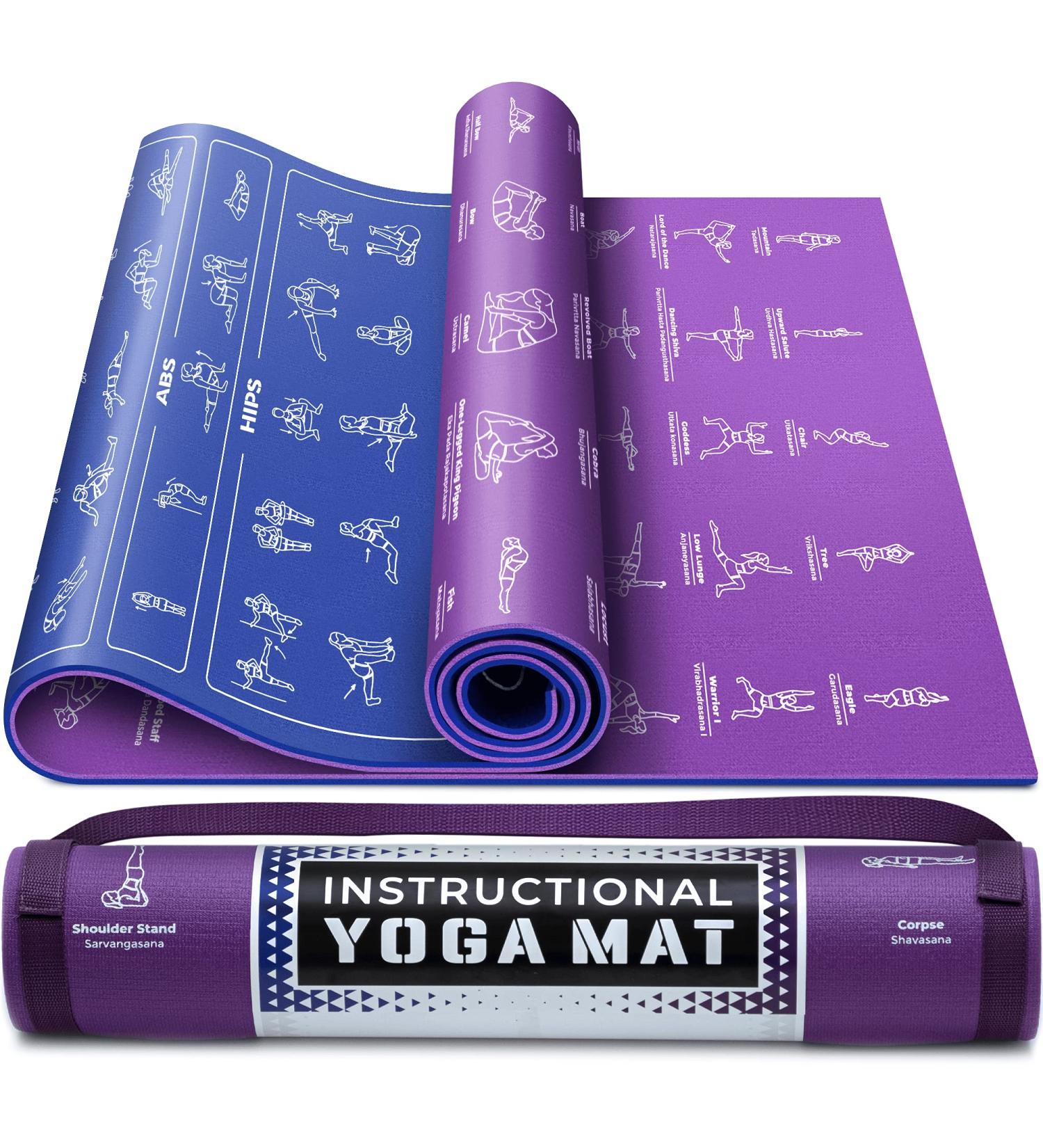 Yoga Mat with 75 Illustrated Poses & Stretches + Carrying Strap | Non-Slip Extra-Thick Mat for Men and Women | Beginner-Friendly | Blue/Purple (68 x 24) - Buy Online on SooperMarket.com
