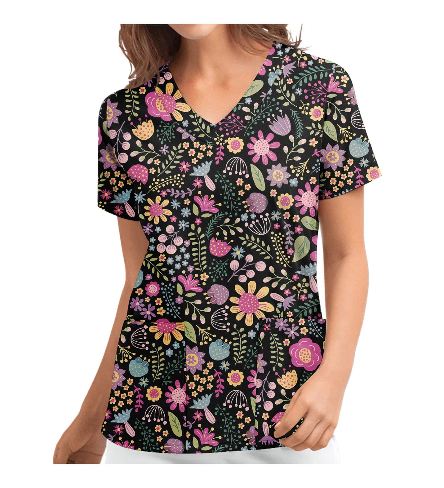 TUNUSKAT Women's Flower Nurse Uniform Fashion Print Short Sleeve Scrub Top - Red | XL - Buy Online on SooperMarket.com