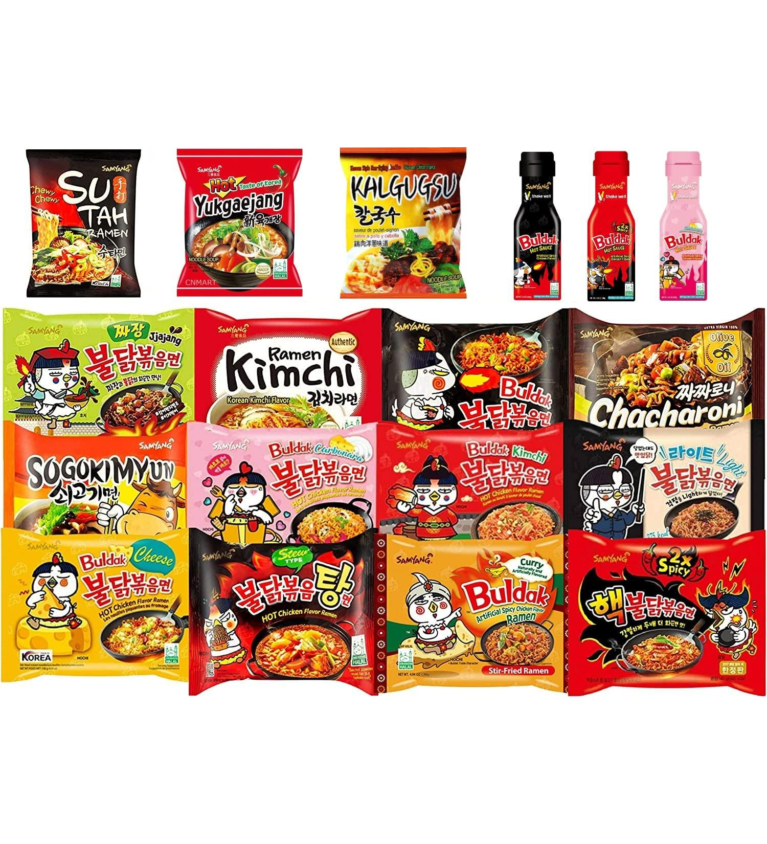 CNMART Samyang Hot Chicken Buldak Ramen HALAL/Pack of 10 Instant Noodles + 1 Free Bottle Samyang Sauce - Assorted 10 Different Flavours Case  - Buy Online on SooperMarket.com