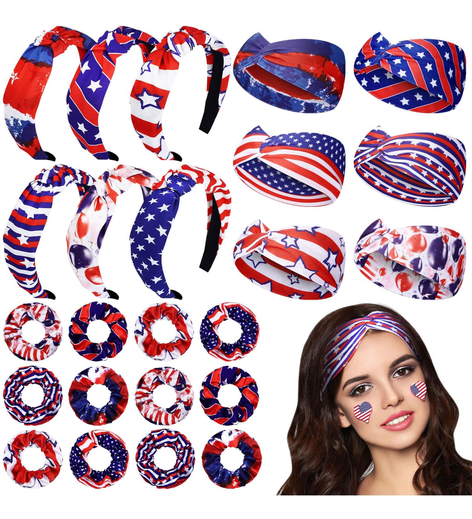Patriotic American Flag Headband Set | 4th of July Hair Accessories Kit with Scrunchies - Buy Online on SooperMarket.com