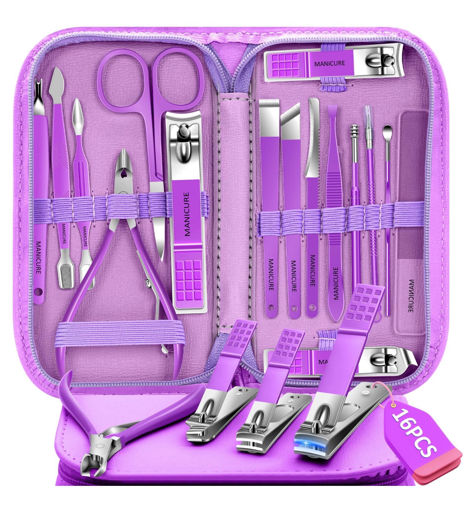 Manicure Pedicure Set - 16 Pcs Nail Clipper Set Professional Nail Grooming Tools Manicure Pedicure Kit Nail Care Kit Idea for Men Women with Travel Case Purple - Buy Online on SooperMarket.com