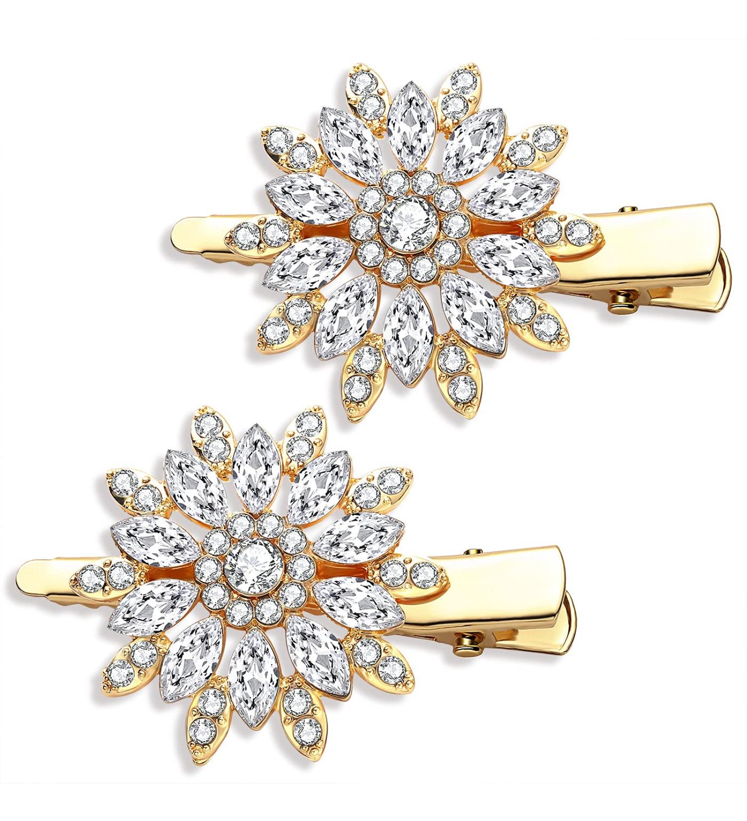 Large Sparkle Rhinestone Flower Hair Clip - Non-Slip Gold Hairpin for Women and Girls - Buy Online on SooperMarket.com
