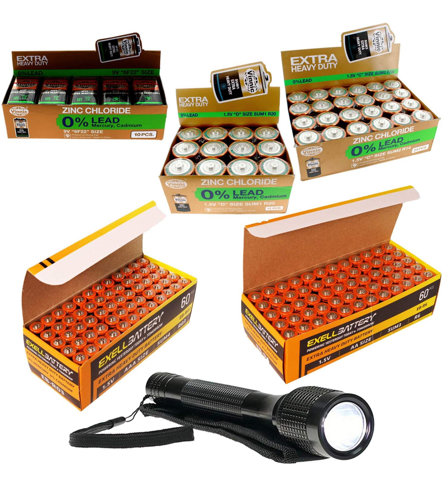 166PC Heavy Duty Battery Kit + 140 Lumen Flashlight | 9V AAA AA D C | International Shipping Available - Buy Online on SooperMarket.com