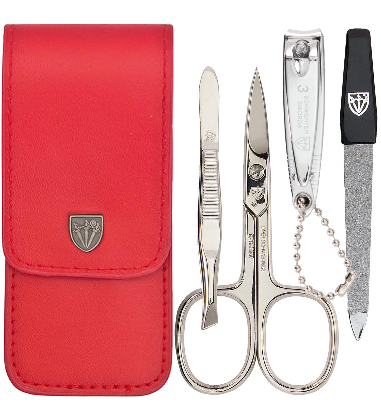 Three Swords Capri Nail Care Set | 4-Pcs Manicure & Pedicure Kit | High-Quality Synthetic Leather Red | Nail Scissors Clippers Tweezers Sapphire Nail File - Buy Online on SooperMarket.com