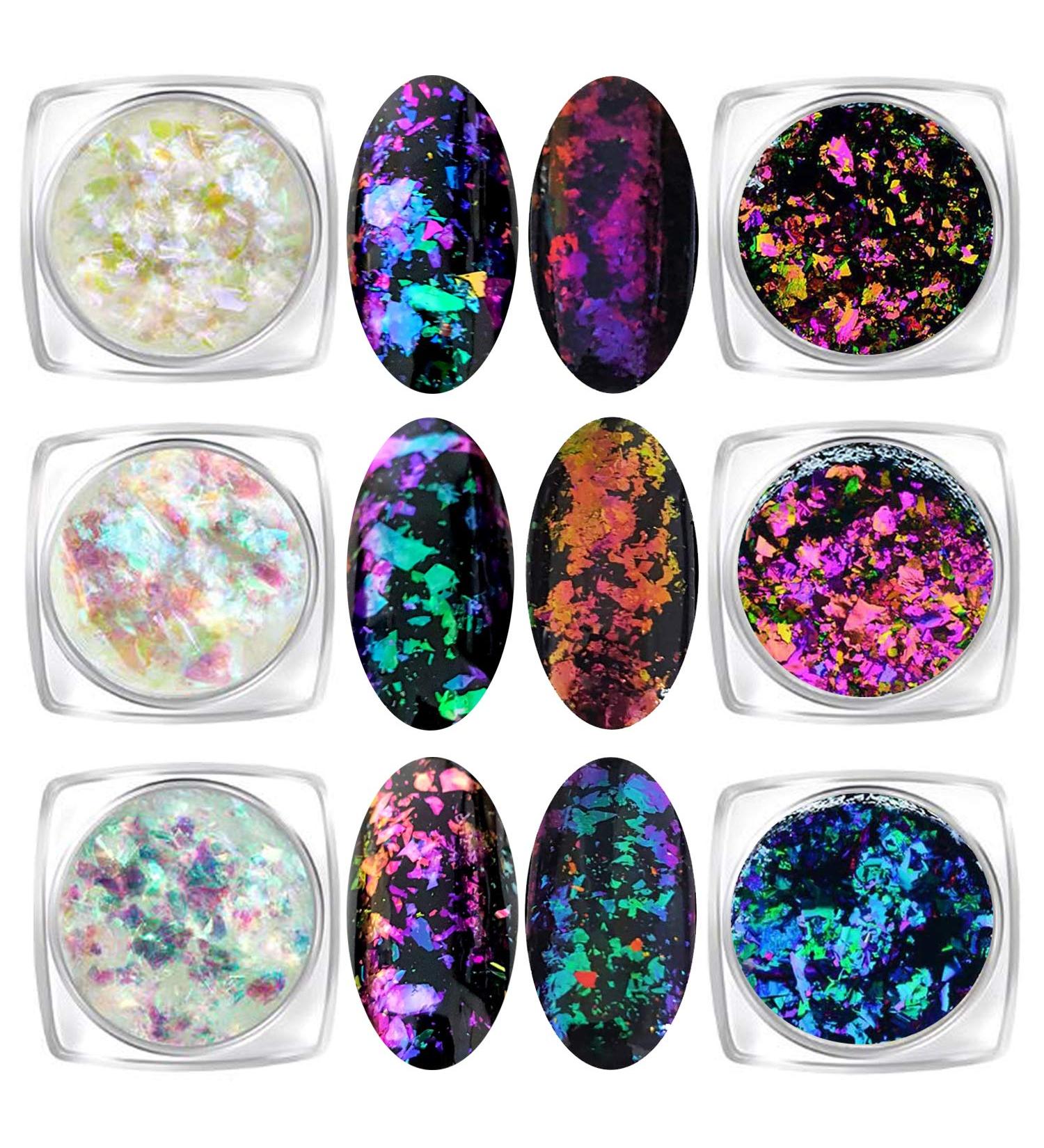 Iridescent Chameleon Nail Flakes Set - 6 Jars of Glittery Nail Art - Buy Online on SooperMarket.com