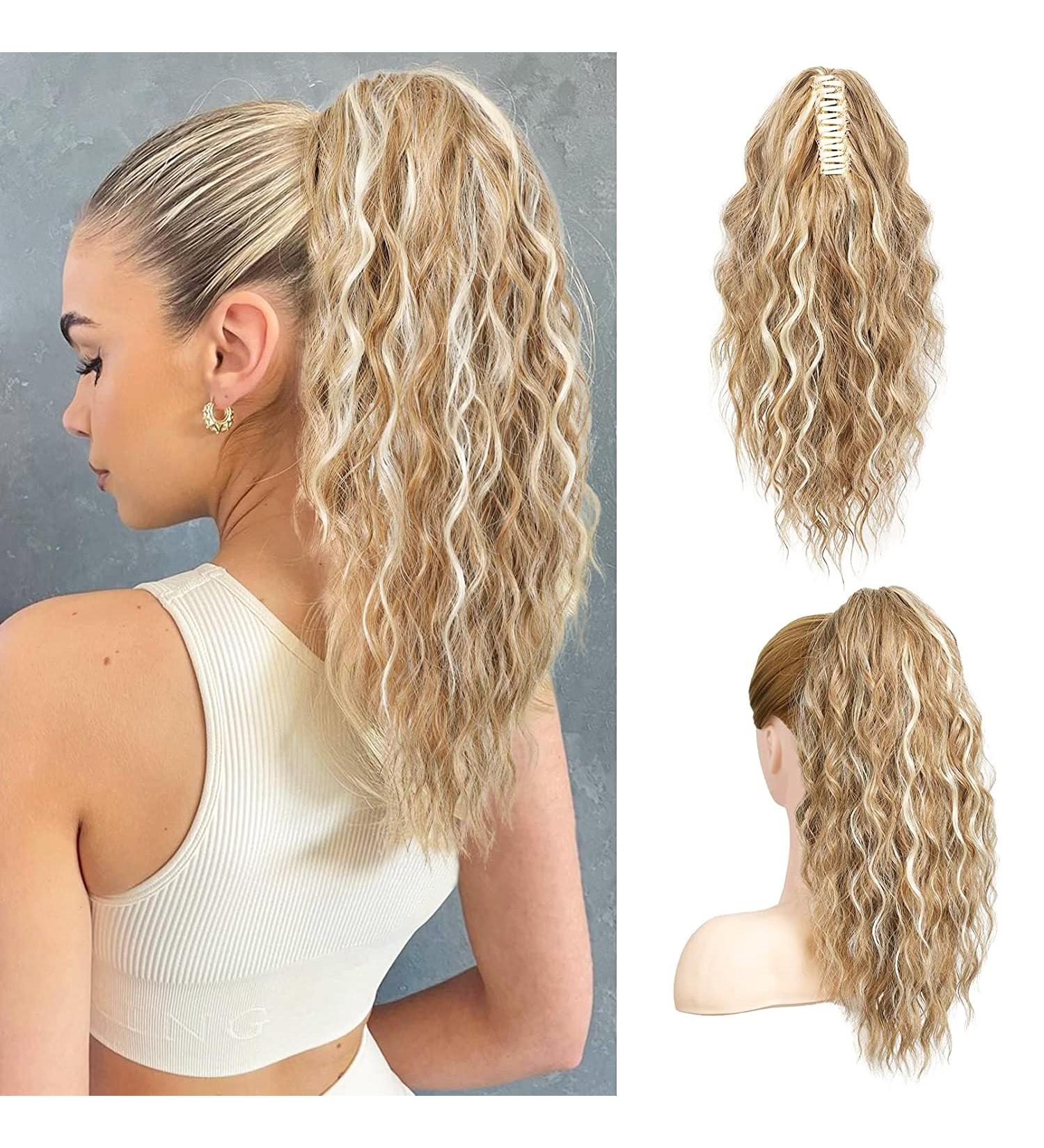 PORSMEER Ponytail Extension Claw Clip Ponytail Hair Extensions Blonde Mix Light Brown Natural Looking Long Curly Wavy Multi Layered Fluffy Synthetic Hairpiece for Women Party Daily Wear 18inch Light Brown with Highlights - Buy Online on SooperMarket.com