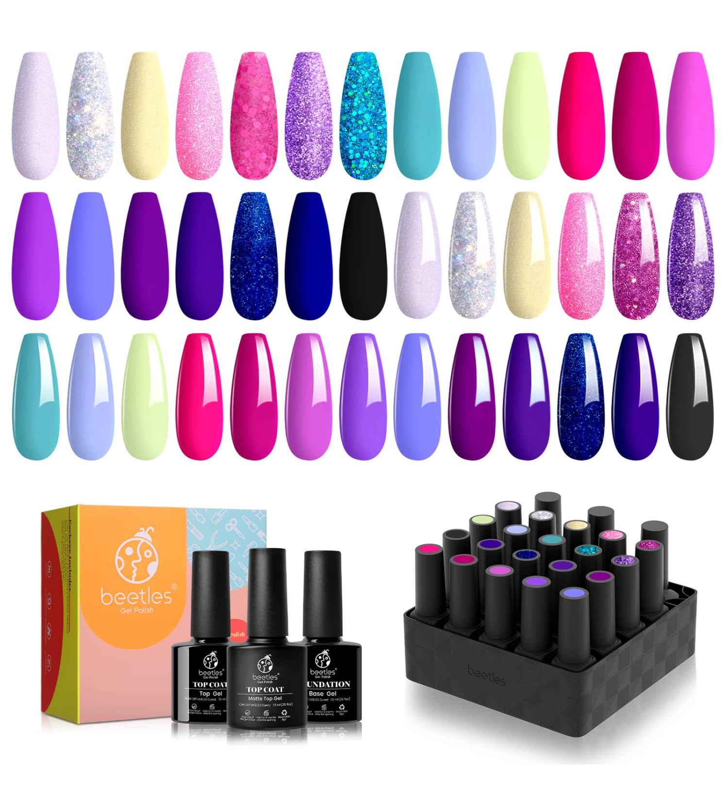 Beetles 20 Gel Nail Polish Kit Midnight Euphoria Collection Purple Blue Hot Pink Glitter Gel Polish Set Soak off Glossy & Matte Top Base Coat Nail Art Design Valentine's Day Gifts for Women Girls B-Midnight Euphoria - Buy Online on SooperMarket.com
