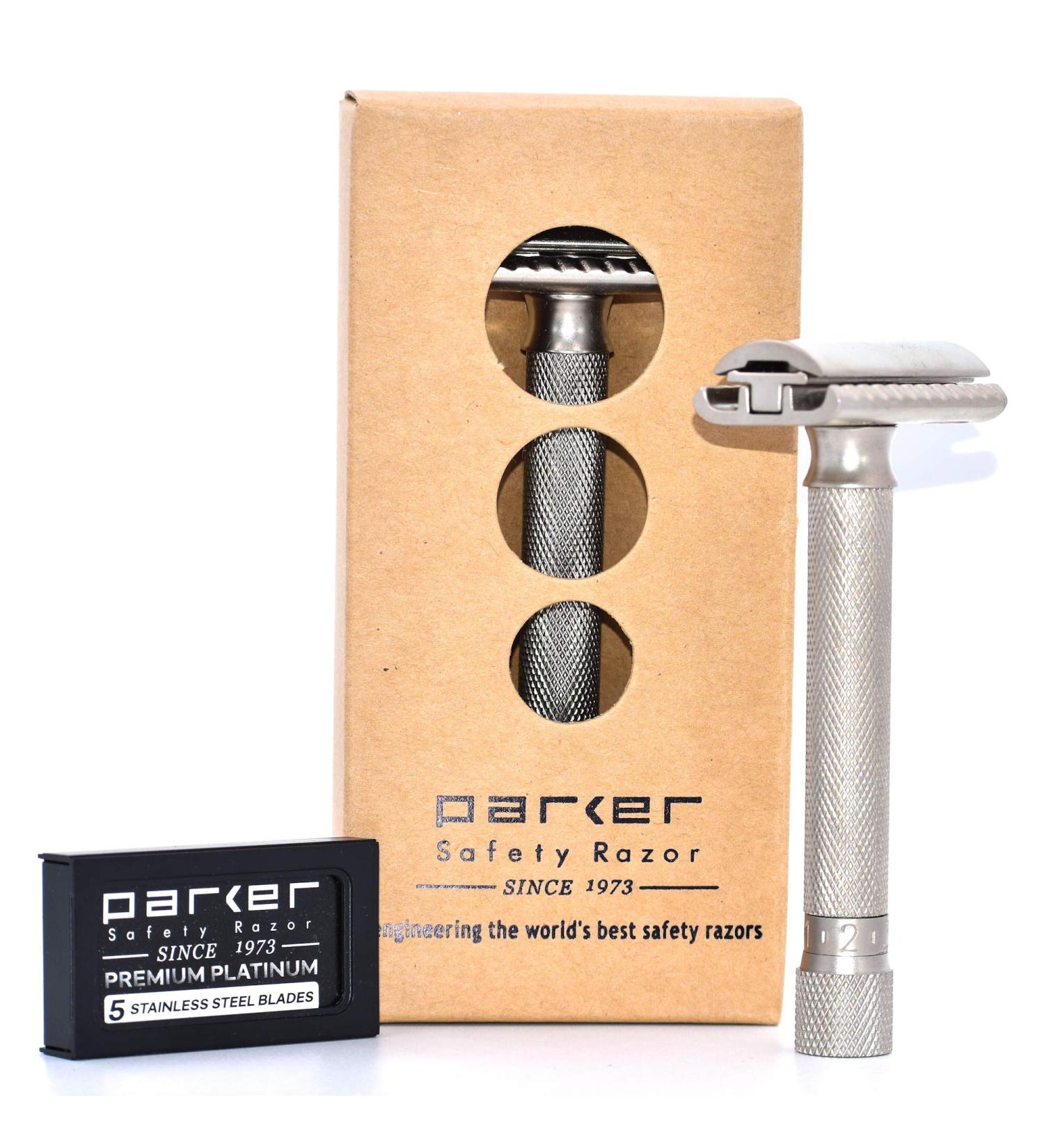 Parker Variant Adjustable Double Edge Safety Razor with 5 Premium Blades - Customize Your Shave with Dial Adjustment (Satin Chrome) - Buy Online on SooperMarket.com