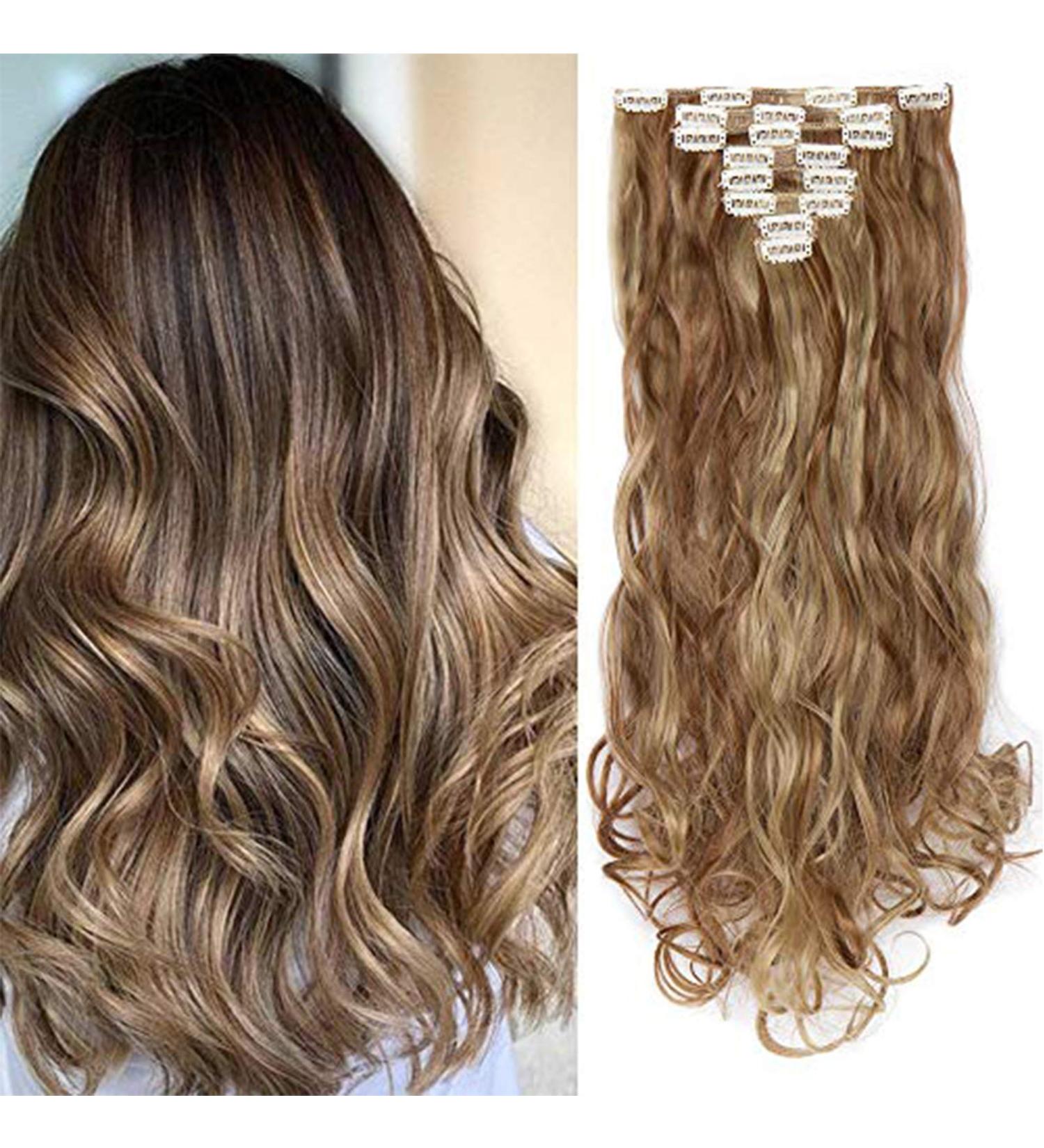 SILK-CO Long Curly Wavy Clip in Hair Extensions - 24 Synthetic Heat Resistant, 8 Pcs Full Head, 18 Clips, Light Brown&Blond - Buy Online on SooperMarket.com