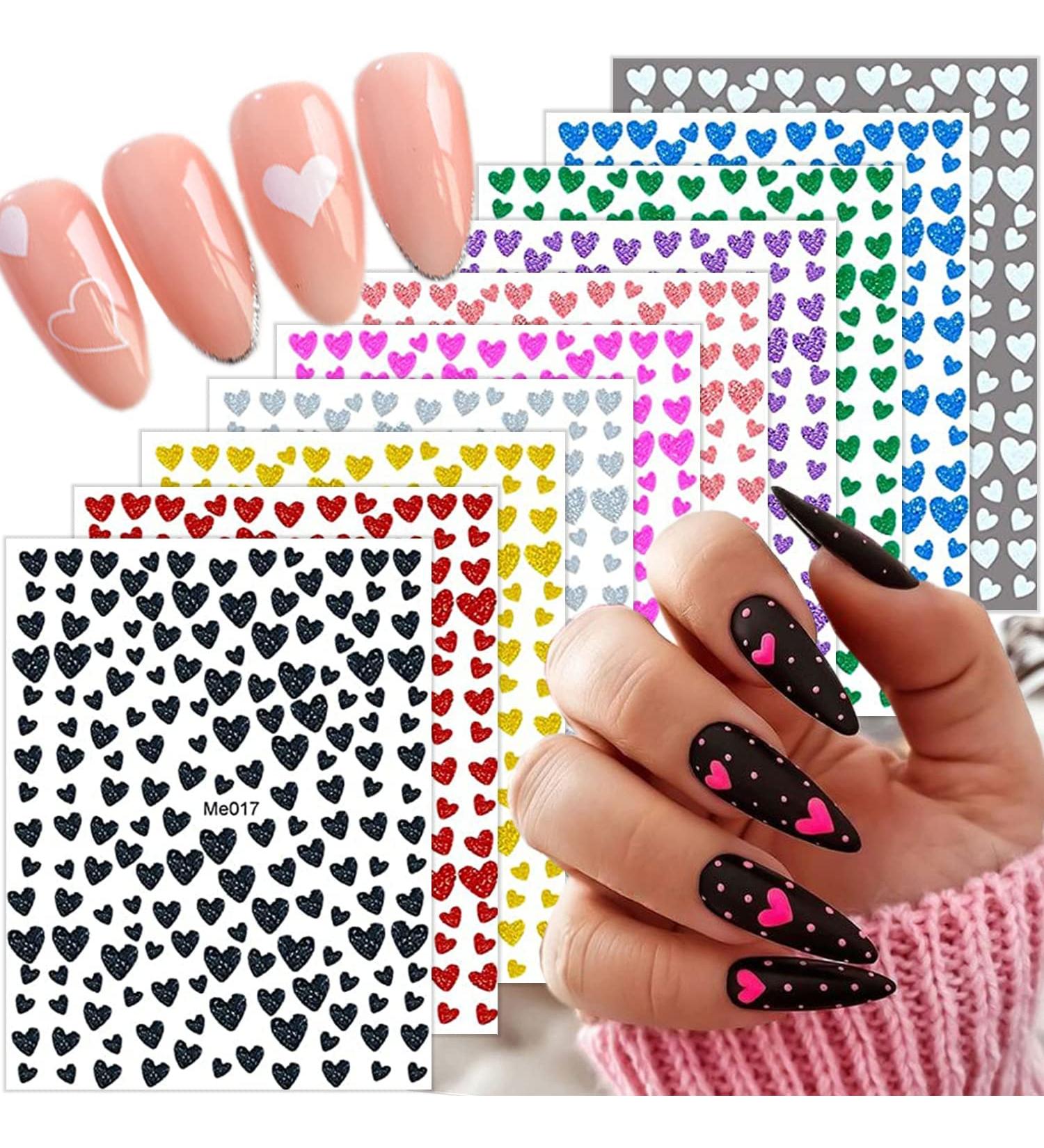 Taicols 10 Sheets 3D Design Nail Stickers Glitter Heart Nail Stickers Self-Adhesive Valentine's Day Nail Stickers Shiny Love Heart Nail Stickers DIY Nail Art Nails Decoration for Women Girls - Buy Online on SooperMarket.com