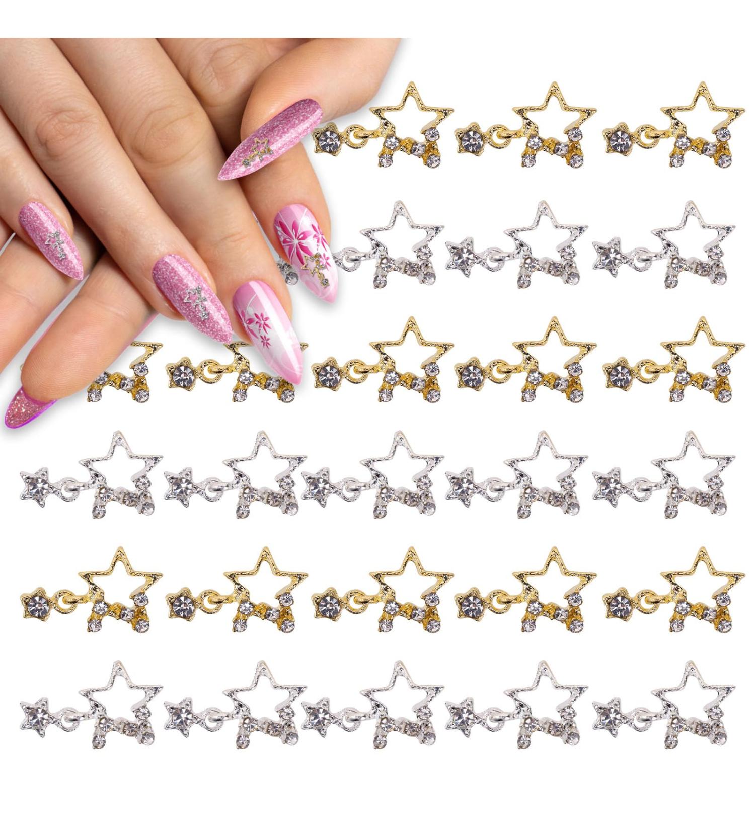 Lusofie 30Pcs 3D Star Rhinestone Nail Charms - Silver & Gold Alloy Star Gems for Nail Designs - DIY Nail Accessories - Buy Online on SooperMarket.com
