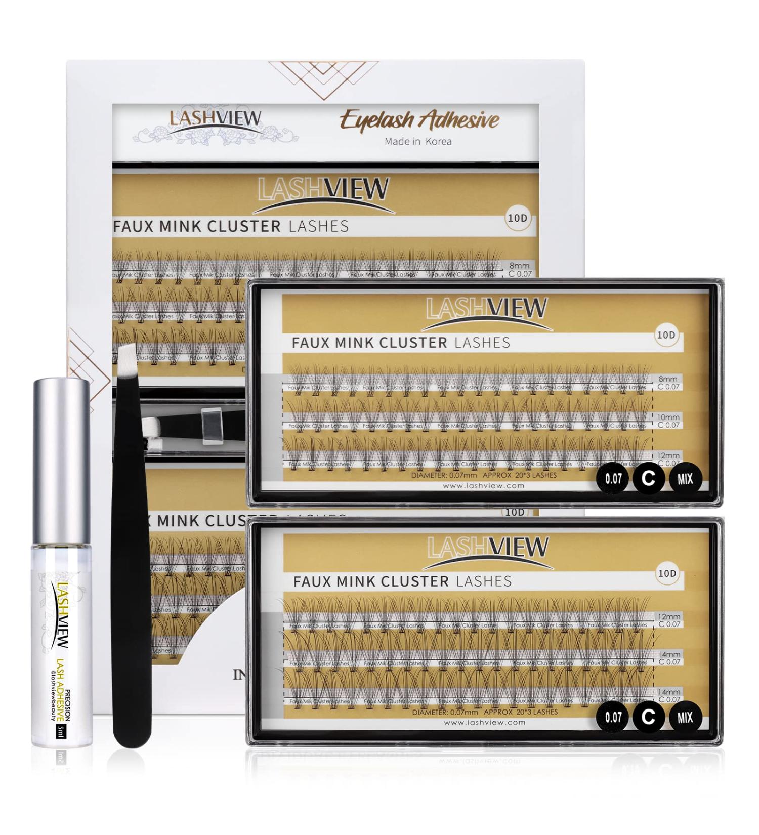 LASHVIEW 0.07mm Short Knot-Free Cluster Lashes Kit - 8-14mm Mix with Glue & Tweezers - Buy Online on SooperMarket.com