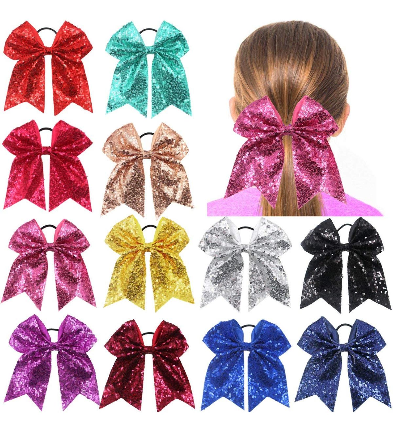 12Pcs 7.5 Glitter Sequins Pigtail Bows for Baby Girls - Sparkly Cheer Hair Bows with Elastic Hair Ties - Buy Online on SooperMarket.com