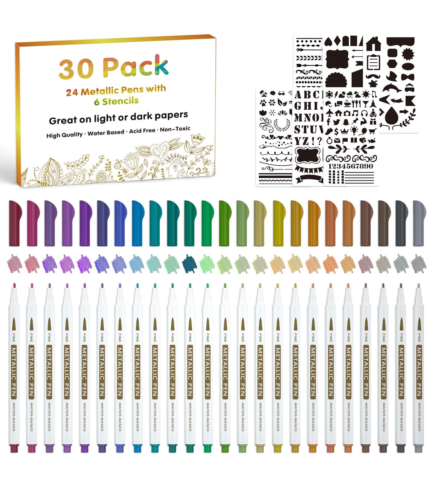 Metallic Marker Pens 30 Pack | Lineon 24 Colors Fine Tip Paint Pens + 6 Stencils | Ideal for DIY Crafts, Photo Albums, Rock Art, Card Making | Glass, Wood, and More - Buy Online on SooperMarket.com