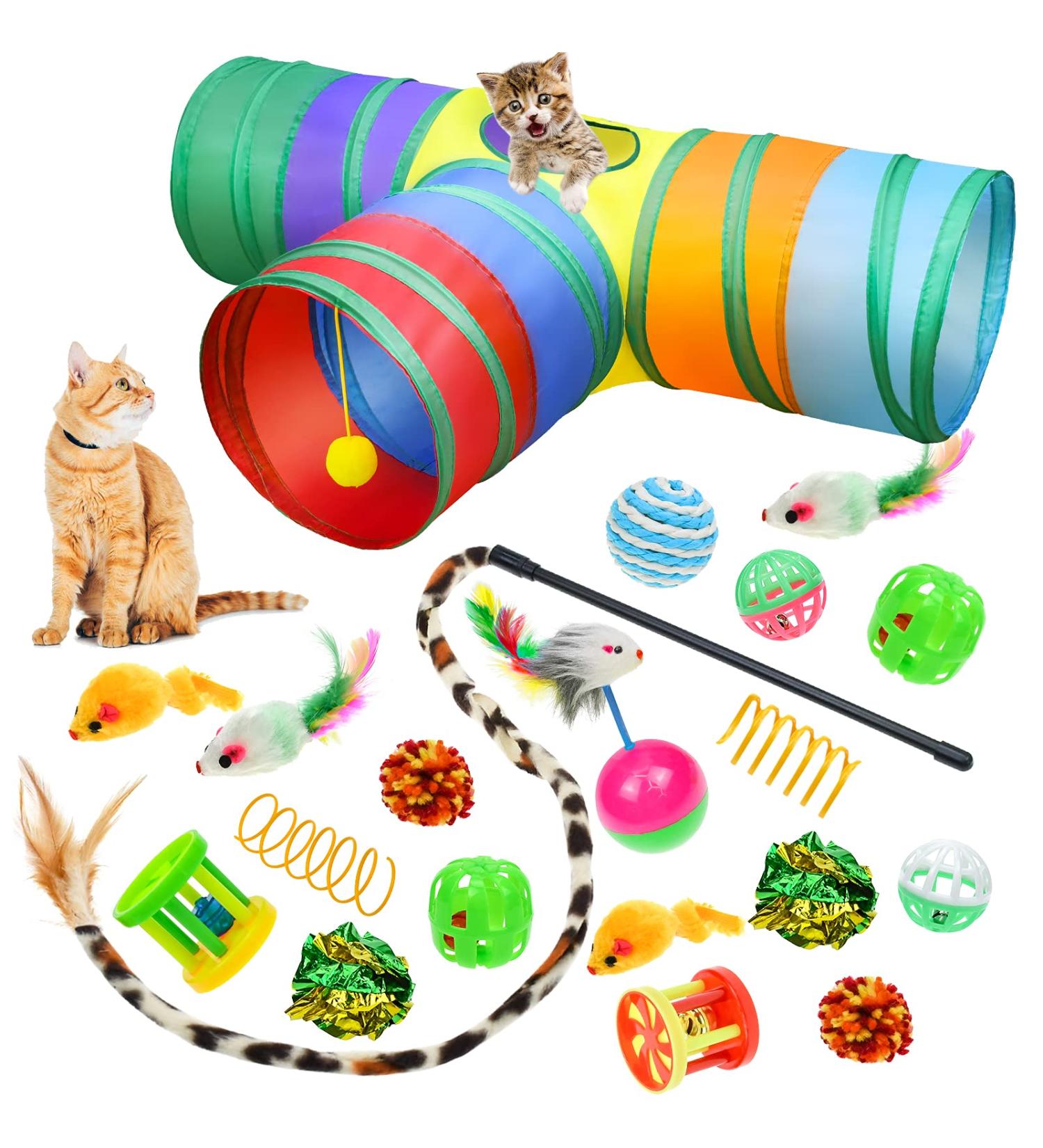 Malier Cat Toys Set Collapsible Tunnels, Interactive Feather Toy, Crinkle Balls, 3 Way Tube Indoor Cat & Kitten Play Set - Buy Online on SooperMarket.com