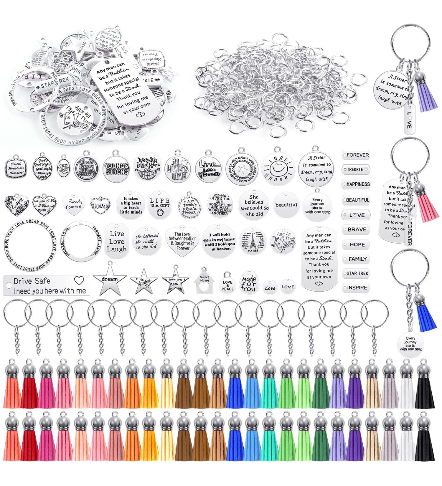 350Pcs Motivational Keychain Set with 50 Inspirational Charms, Leather Tassels, Keyrings, and Jump Rings - DIY Crafting Kit - Buy Online on SooperMarket.com