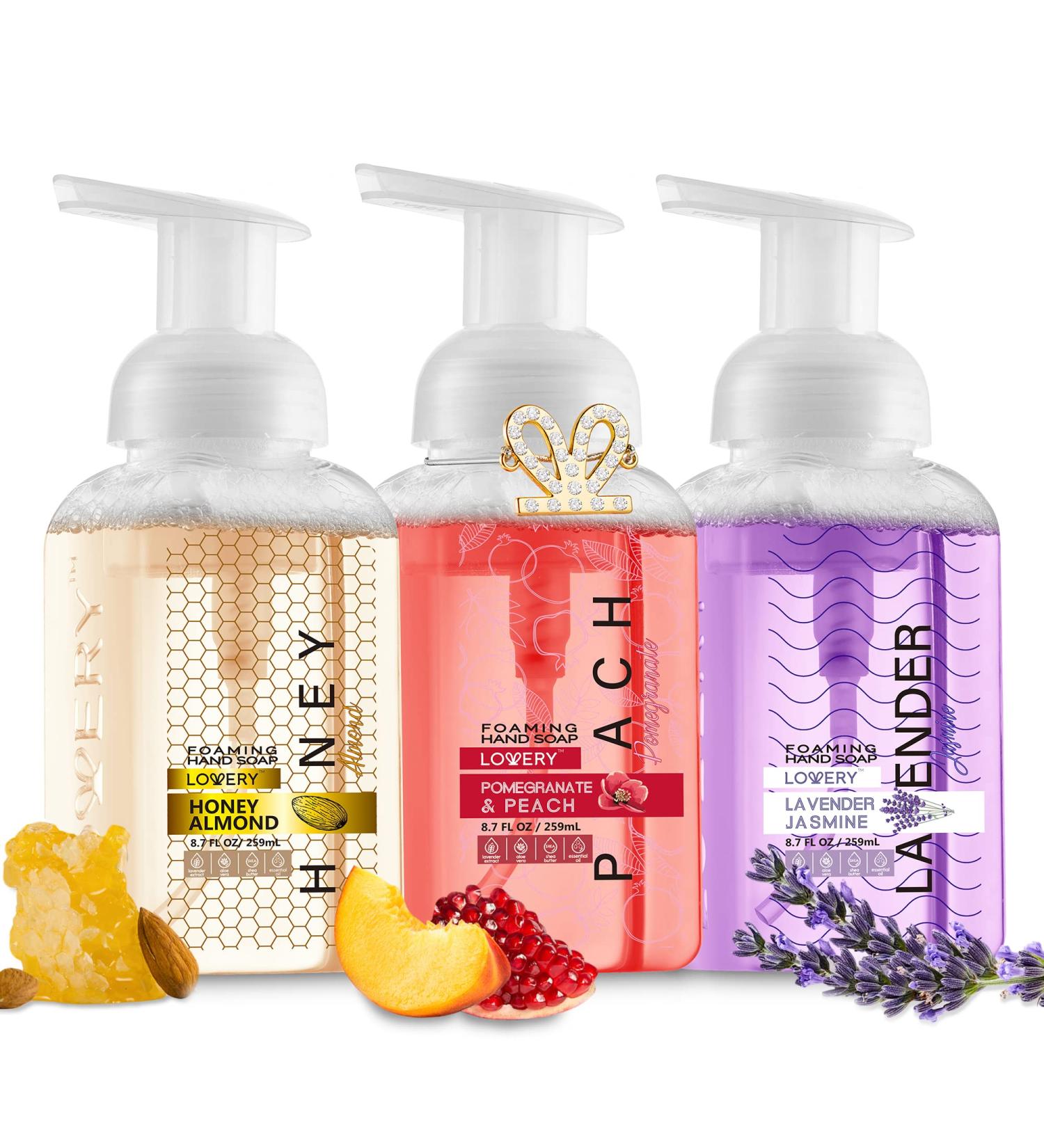 Lovery Foaming Hand Soap 3-Pack with Aloe Vera & Essential Oils - Alcohol-Free Moisturizing Hand Wash in Honey Almond, Pomegranate, Peach, Lavender, and Jasmine Scents - Buy Online on SooperMarket.com