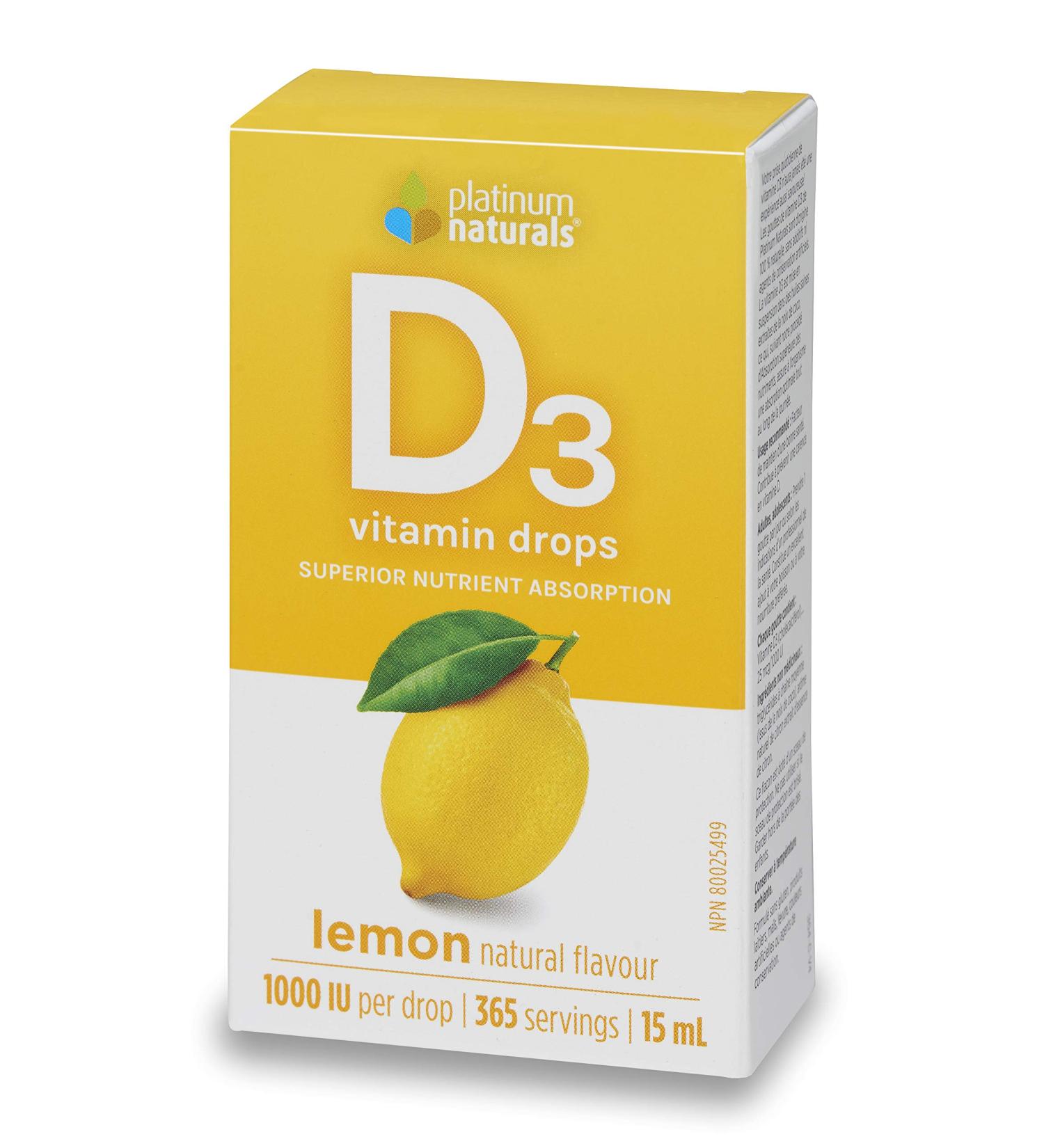 Platinum Naturals - Easy Absorb D3 Drops for Adults - Lemon Flavored 15ml - High Potency Liquid Vitamin D Supplement 1000 IU per Drop - Supports Overall Wellness - Easy-to-Use Dropper - Buy Online on SooperMarket.com