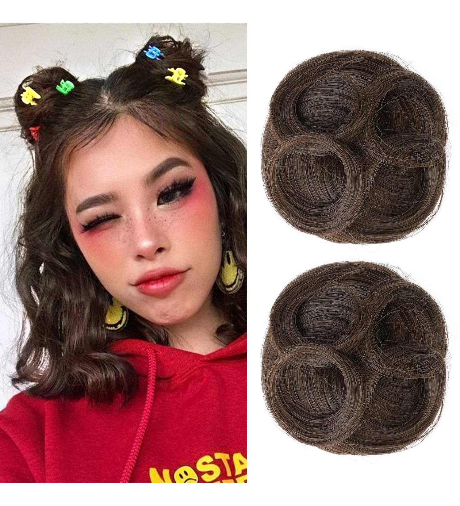 REECHO Space Bun Hair Pieces 2 PCS Mini Claw Clip in Messy & Cat Ears Fake Hair Bun Extensions Wig Accessory Updo Hairpieces for Women Girls (Pack of 2-3.5" Wavy Medium Ash Brown) Pack of 2 - 3.5" Wavy Medium Ash Brown - Buy Online on SooperMarket.com