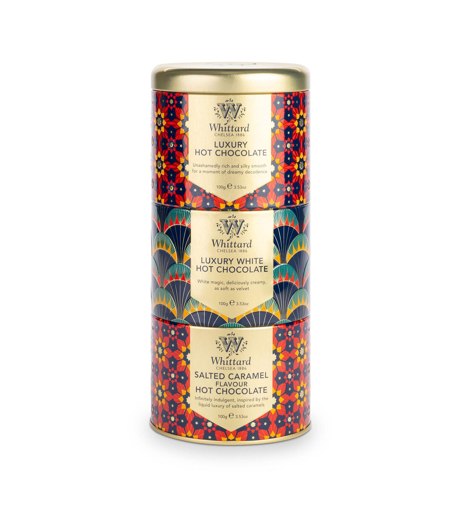 Whittard of Chelsea | Hot Chocolate Stacking Tin |Gift Set For Men & Women| Milk Chocolate White Chocolate and Salted Caramel Chocolate (3 x 100g) Milk Chocolate 100 g (Pack of 3)
