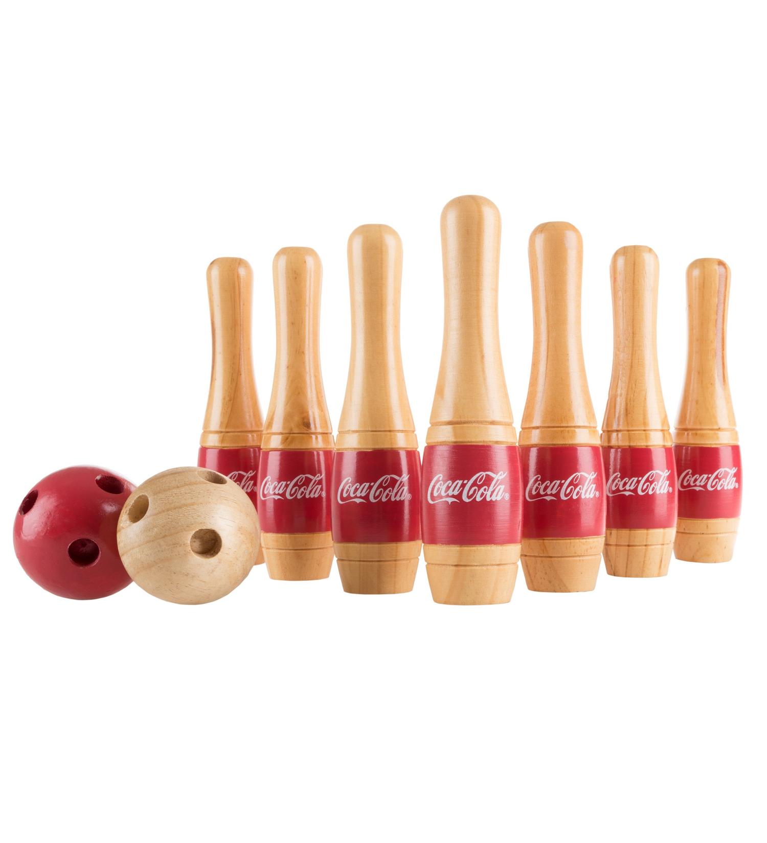 Hey!Play! Coca-Cola Lawn Bowling Game/Skittle Ball Set - Indoor and Outdoor Fun for All Ages - 10 Wooden Pins, 2 Balls, and Mesh Bag - 8-Inch - Buy Online on SooperMarket.com