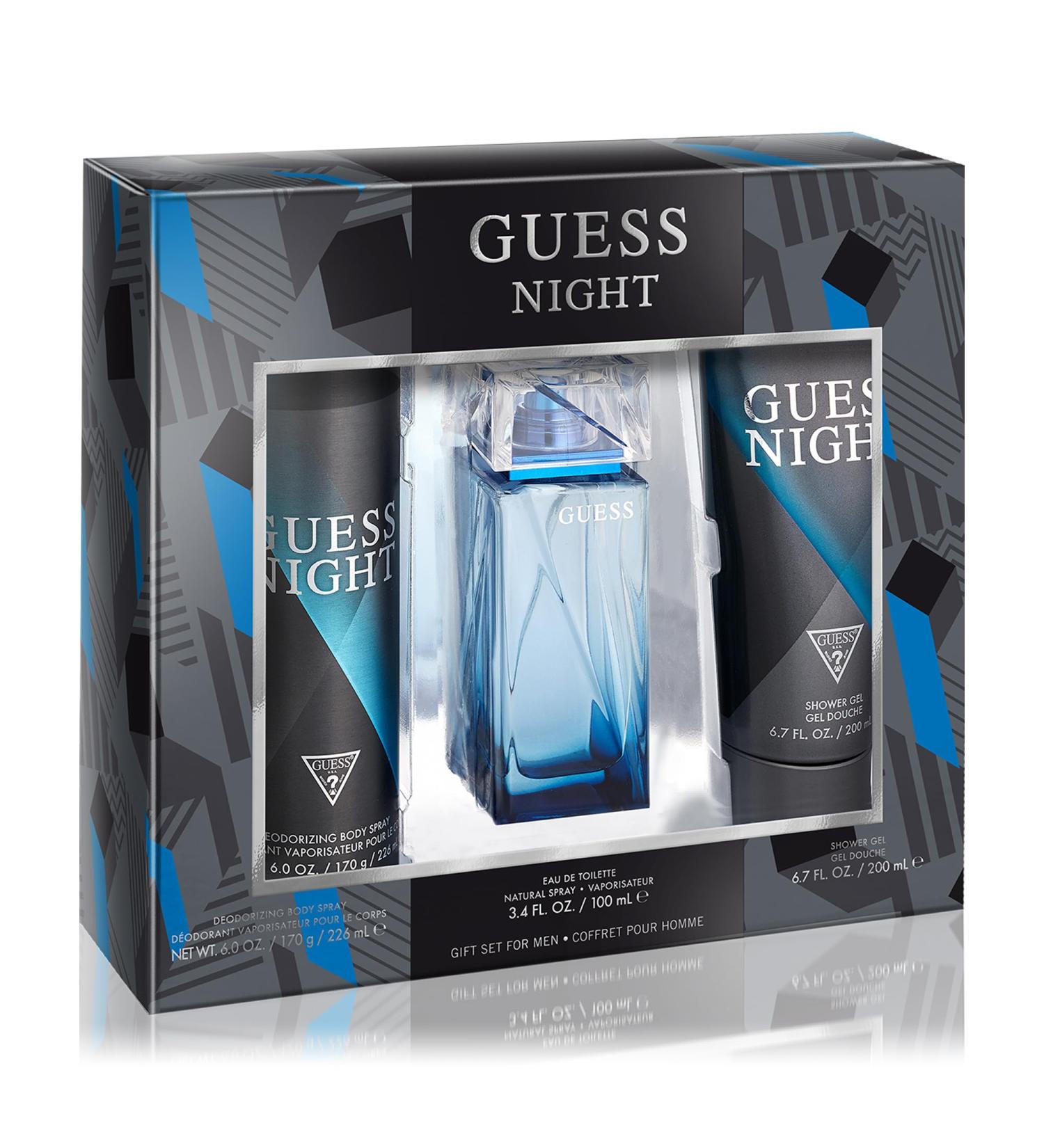 GUESS Night Men Eau de Toilette 3 Piece Gift Set - Cologne Spray 3.4 Fl. Oz. Deodorizing Body Spray 6.0 Oz. & Shower Gel 6.7 Fl. Oz.