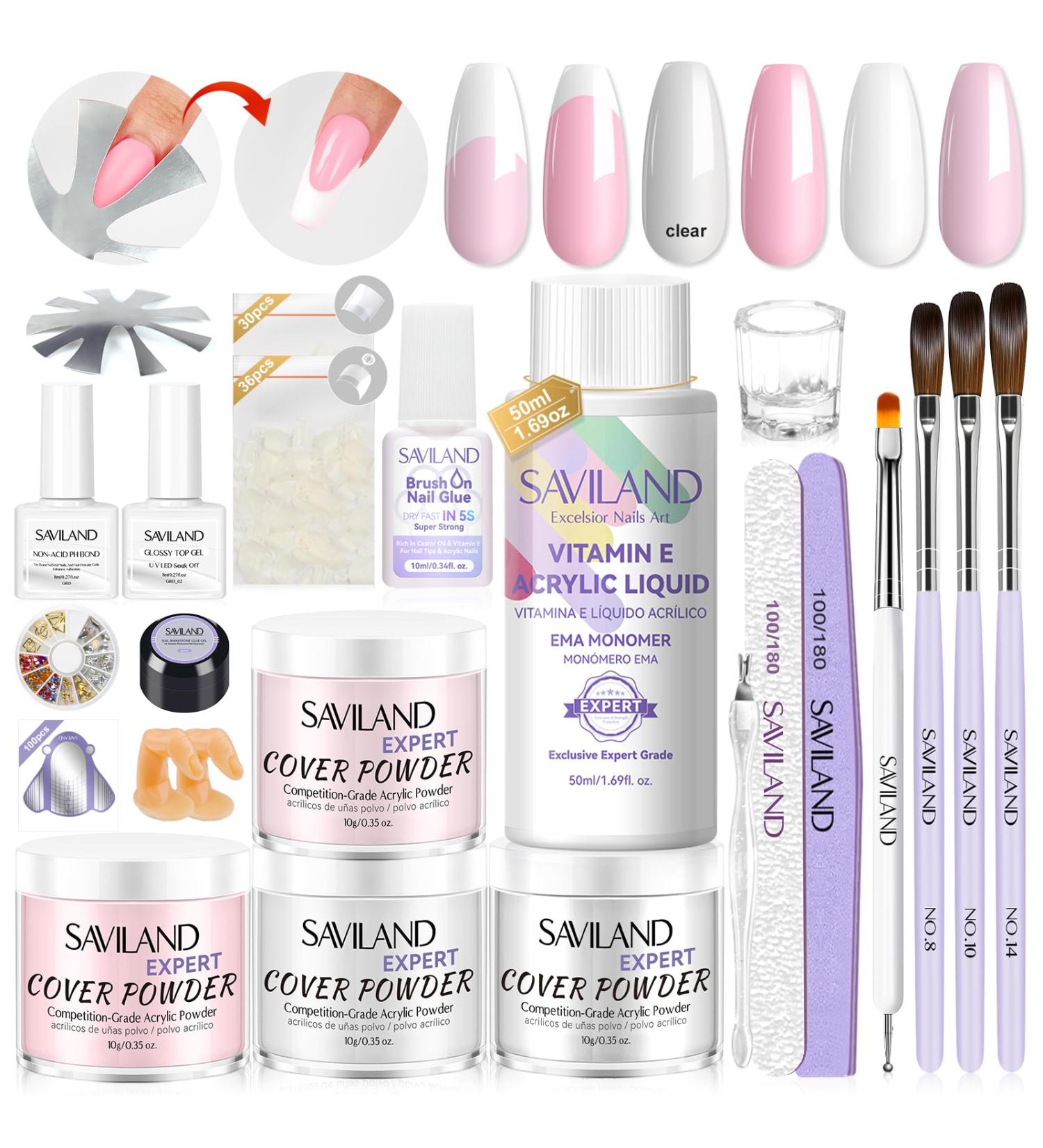 SAVILAND Acrylic Nail Kit: 4 Colors Acrylic Powder and Liquid Set with Acrylic Nail Brush/French Nails Tips/Nail Glue/Top Gel/Non-acid Ph Bond/Acrylic Nail Set for Beginners Acrylic Application 01-Acrylic Nail Kit - Buy Online on SooperMarket.com