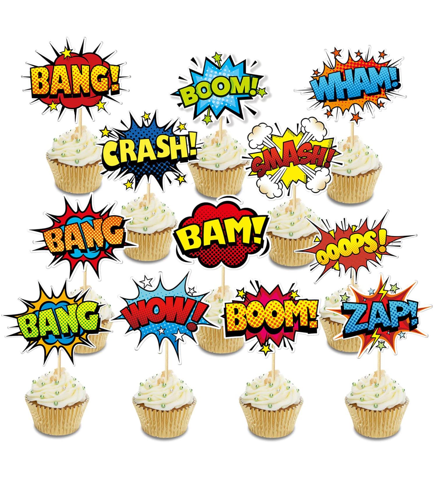 SuperHero Boom Cupcake Toppers - 48 Pack, Kids Birthday Party Decorations & Supplies - Buy Online on SooperMarket.com