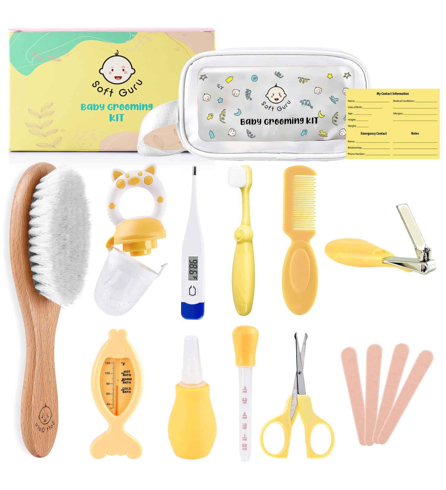Soft Guru Baby Healthcare and Grooming Kit - Nursery Essentials Gift Set with Thermometer, Nail Clippers, Soft Brush, and Baby Shower Basket - Perfect Registry Items for Newborns - Buy Online on SooperMarket.com