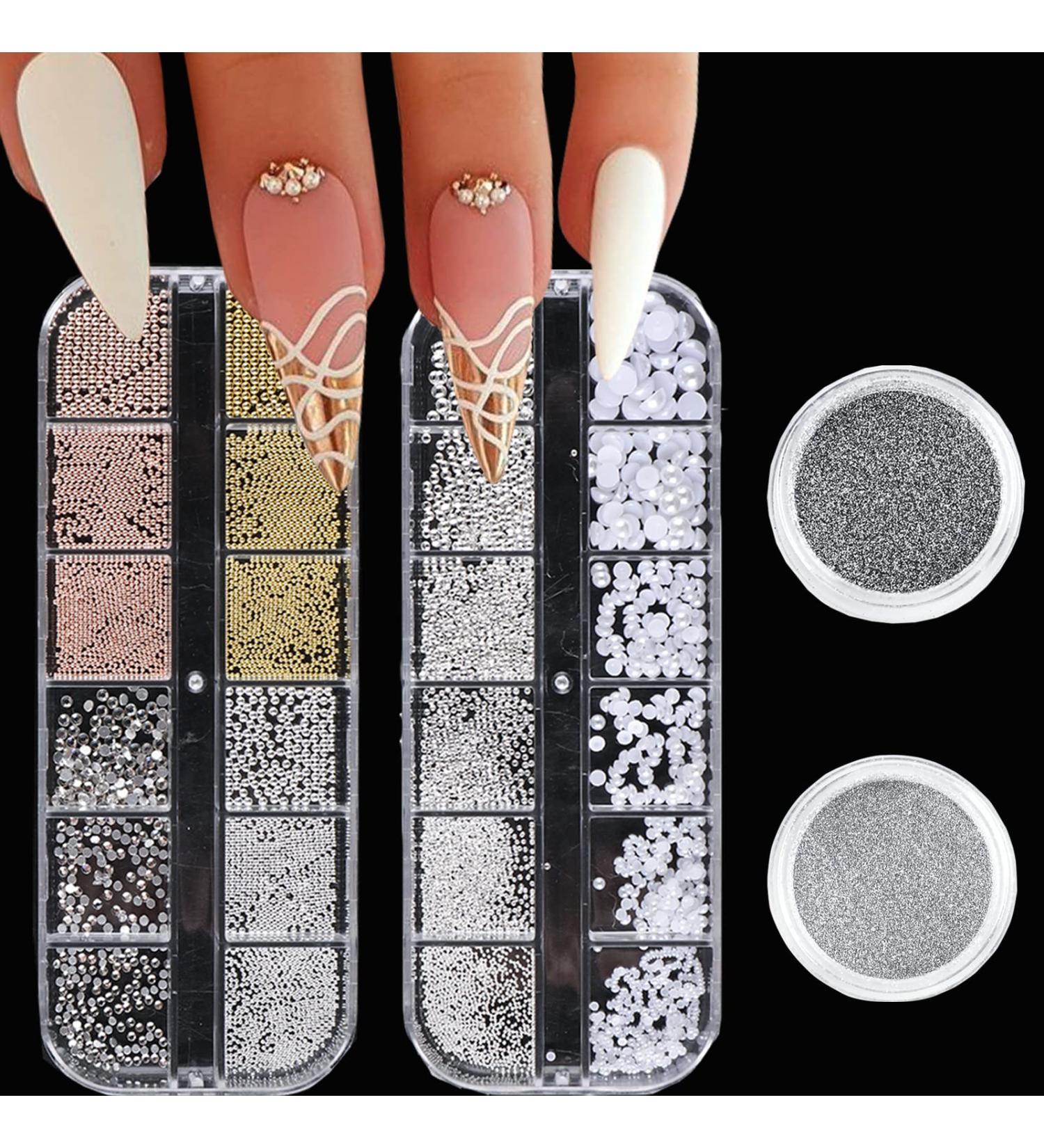 Nail Art Pearls & Charms Set - 4 Boxes Gold, Silver, White Half Round Gems, Glitter Powder, Rhinestones Accessories for Women - Acrylic Decorations Design - Buy Online on SooperMarket.com