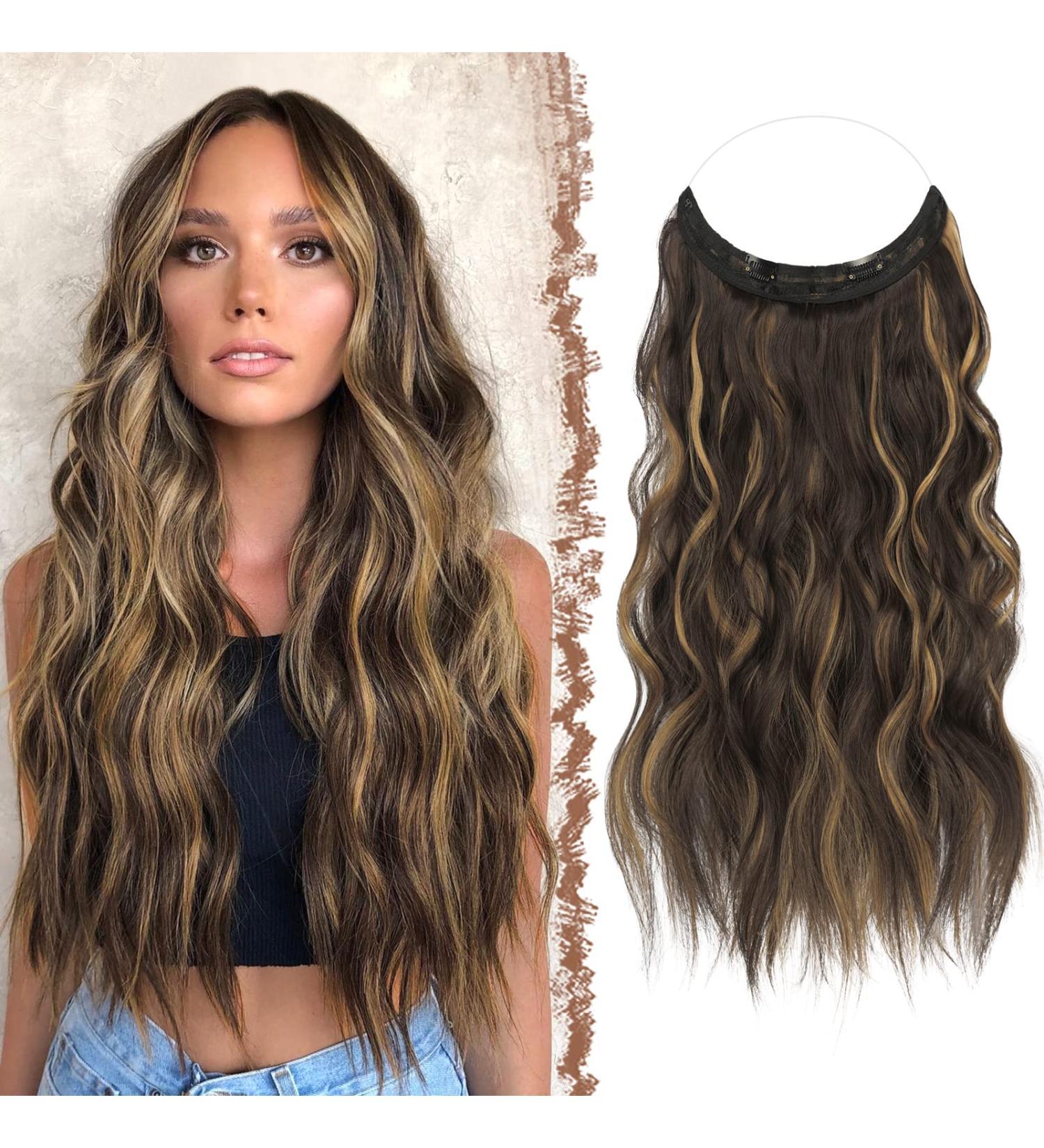 FESHFEN Invisible Wire Hair Extensions 20 Inch | Long Wavy Synthetic Hairpiece for Women | Brown Highlighted Caramel Blonde - Buy Online on SooperMarket.com