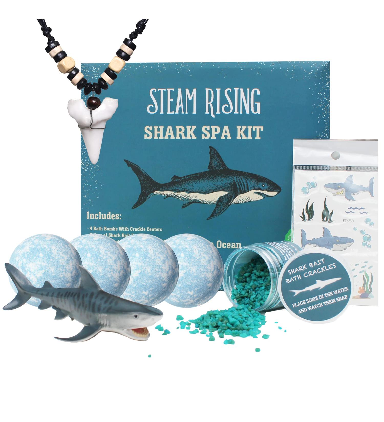 Organic Shark Bath Toy Spa Kit with Bath Crackles, Vinyl Toy, Tattoos, and Necklace - Perfect Boys' Birthday Gift | Safe & Natural - Buy Online on SooperMarket.com