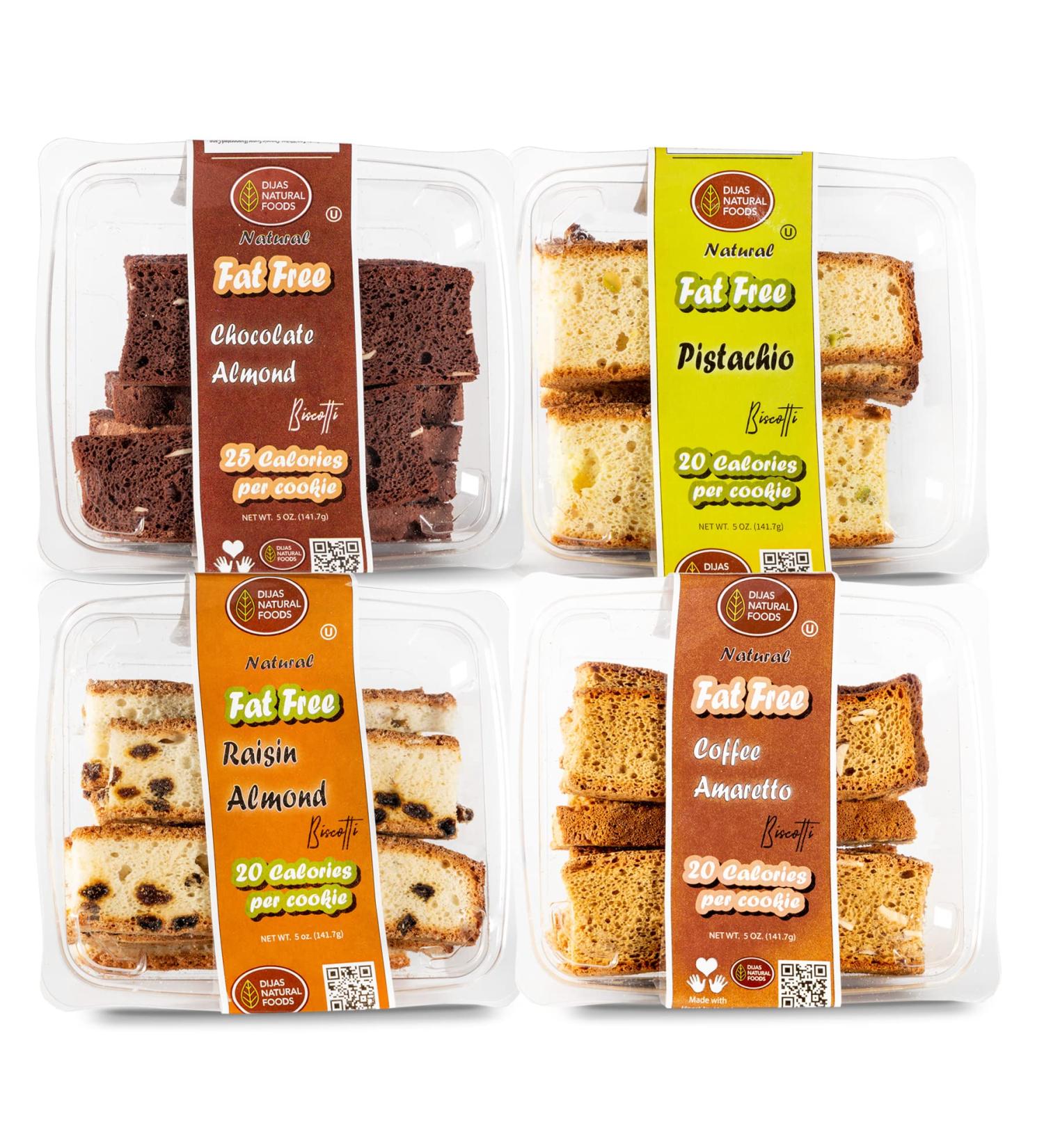 Dijas Natural Foods Crunchy Fat Free Biscotti Cookie Variety Pack - Nut Variety (4 Pack) | Delicious Low Calorie Snack with All Natural Ingredients - Buy Online on SooperMarket.com