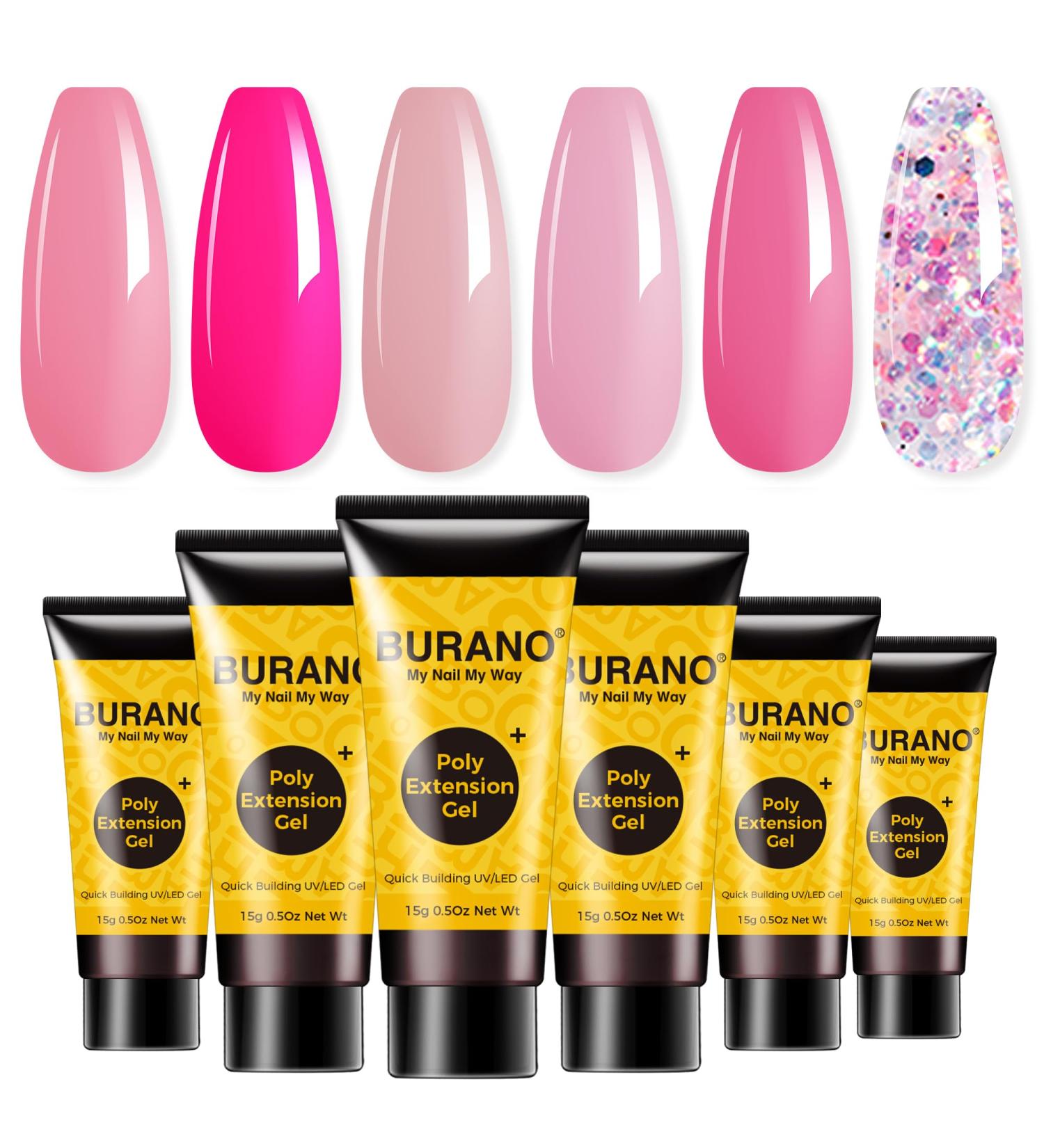 BURANO Poly Extension Gel Nail Kit 6 Colors Builder Set for Beginner & Professional | DIY Poly Nail Gel Kits Starter Kit Nail Art Gift - Pink Glitter (04) - Buy Online on SooperMarket.com
