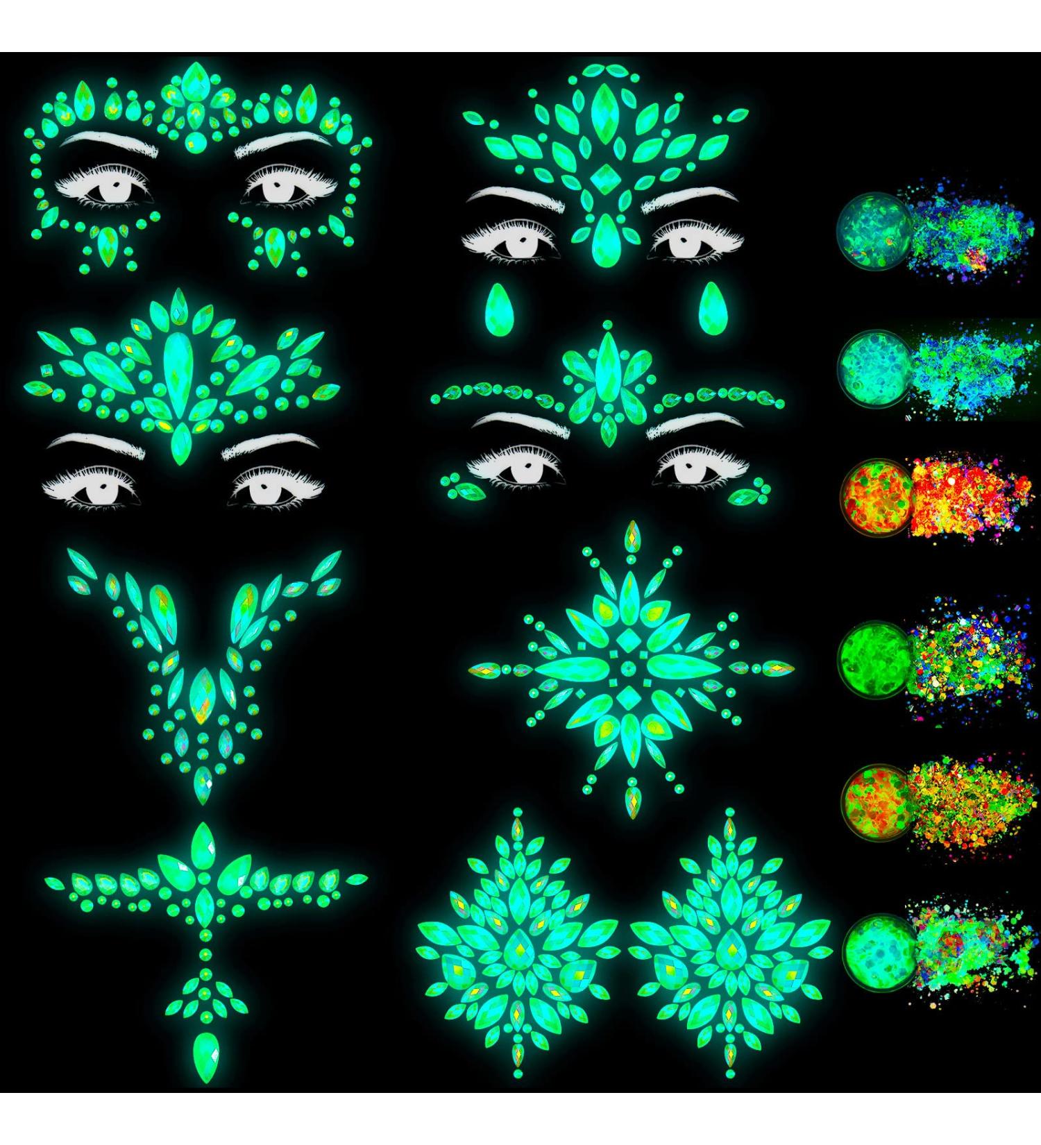 Glow in the Dark Face Jewels and Chunky Glitter Set for Halloween Makeup - 14 Sheets - Buy Online on SooperMarket.com
