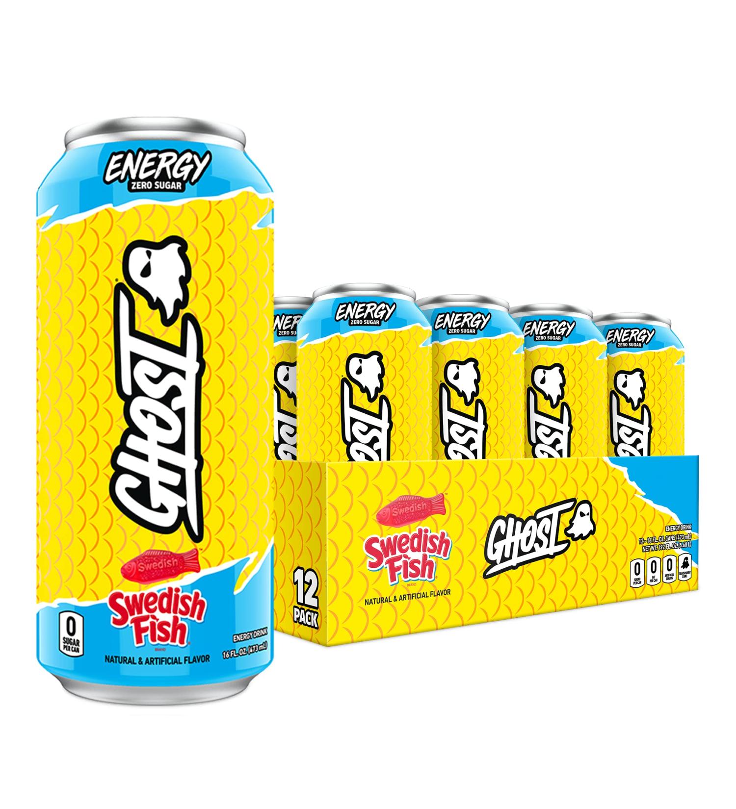 Ghost Energy Sugar-Free Swedish Fish Energy Drink 12-Pack - 16oz Cans - 200mg Natural Caffeine - L-Carnitine & Taurine - Soy & Gluten-Free - Vegan - Buy Online on SooperMarket.com