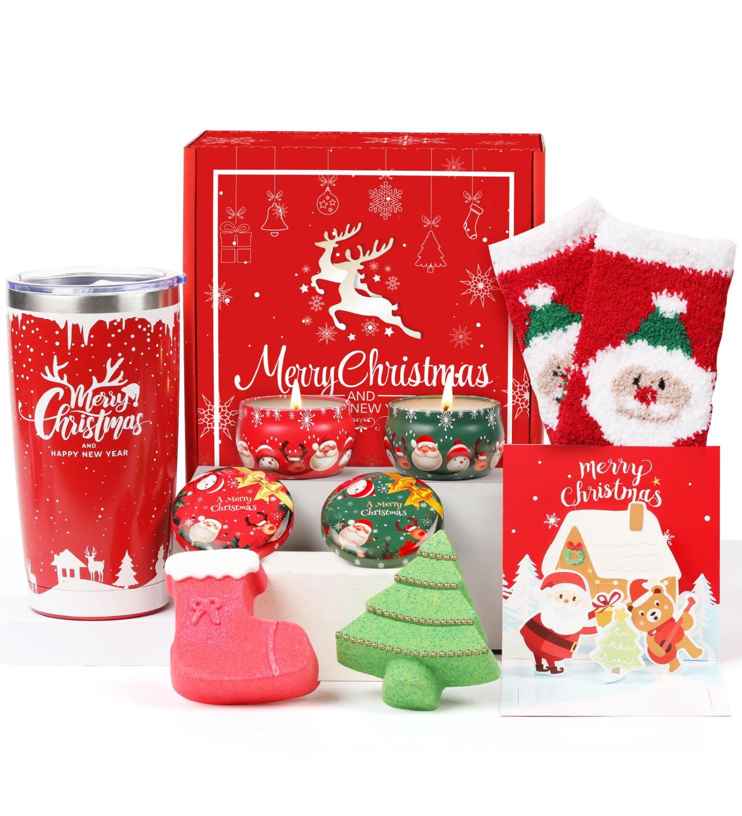Christmas Gifts Basket for Women - Unique Gifts for Her with Socks, Candle, Tumbler in Red - Buy Online on SooperMarket.com