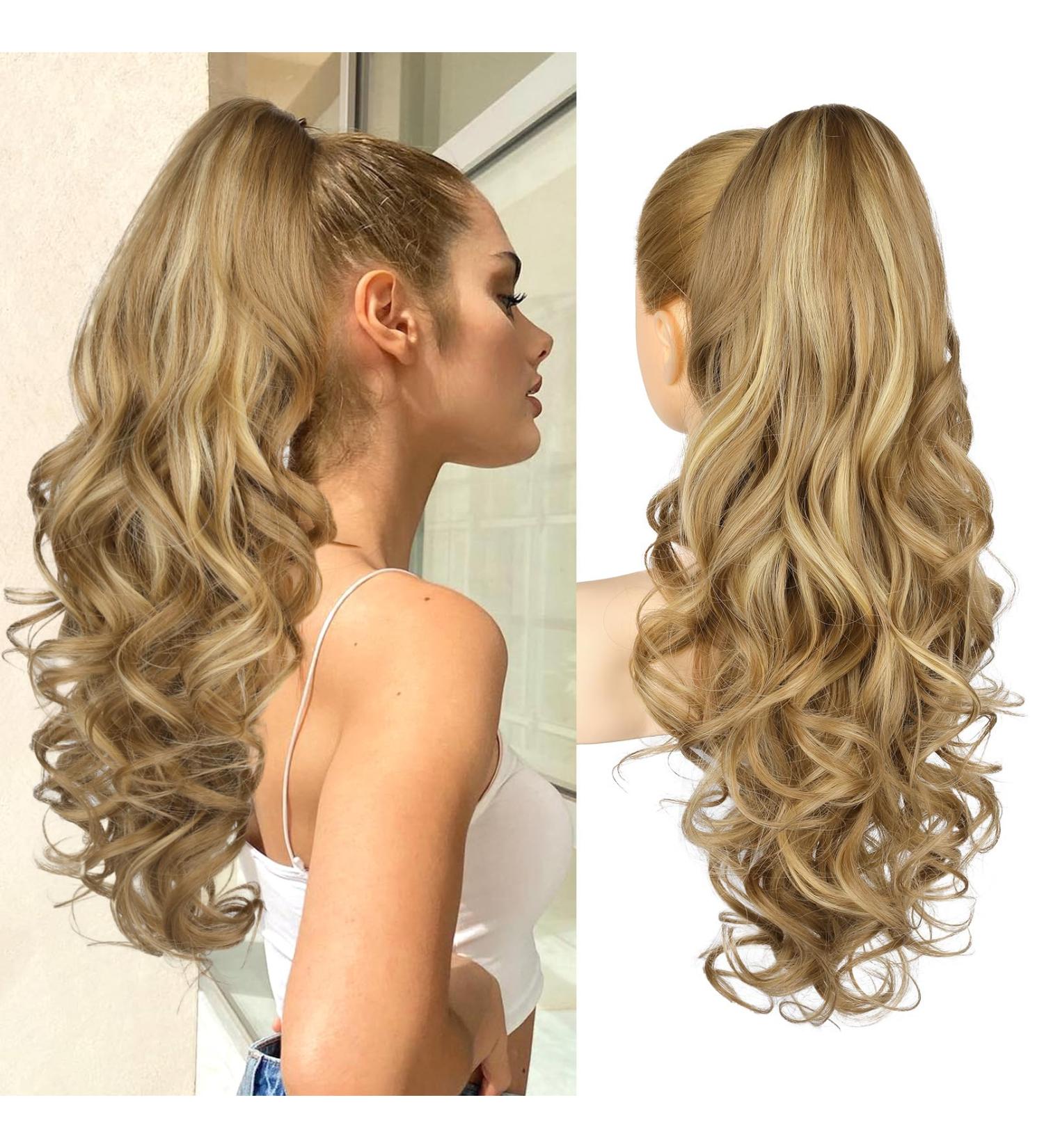 REECHO 24" Ponytail Extension - Claw Clip In Long Curly Wavy Ponytail for Women - Medium Blonde with Highlights - Buy Online on SooperMarket.com