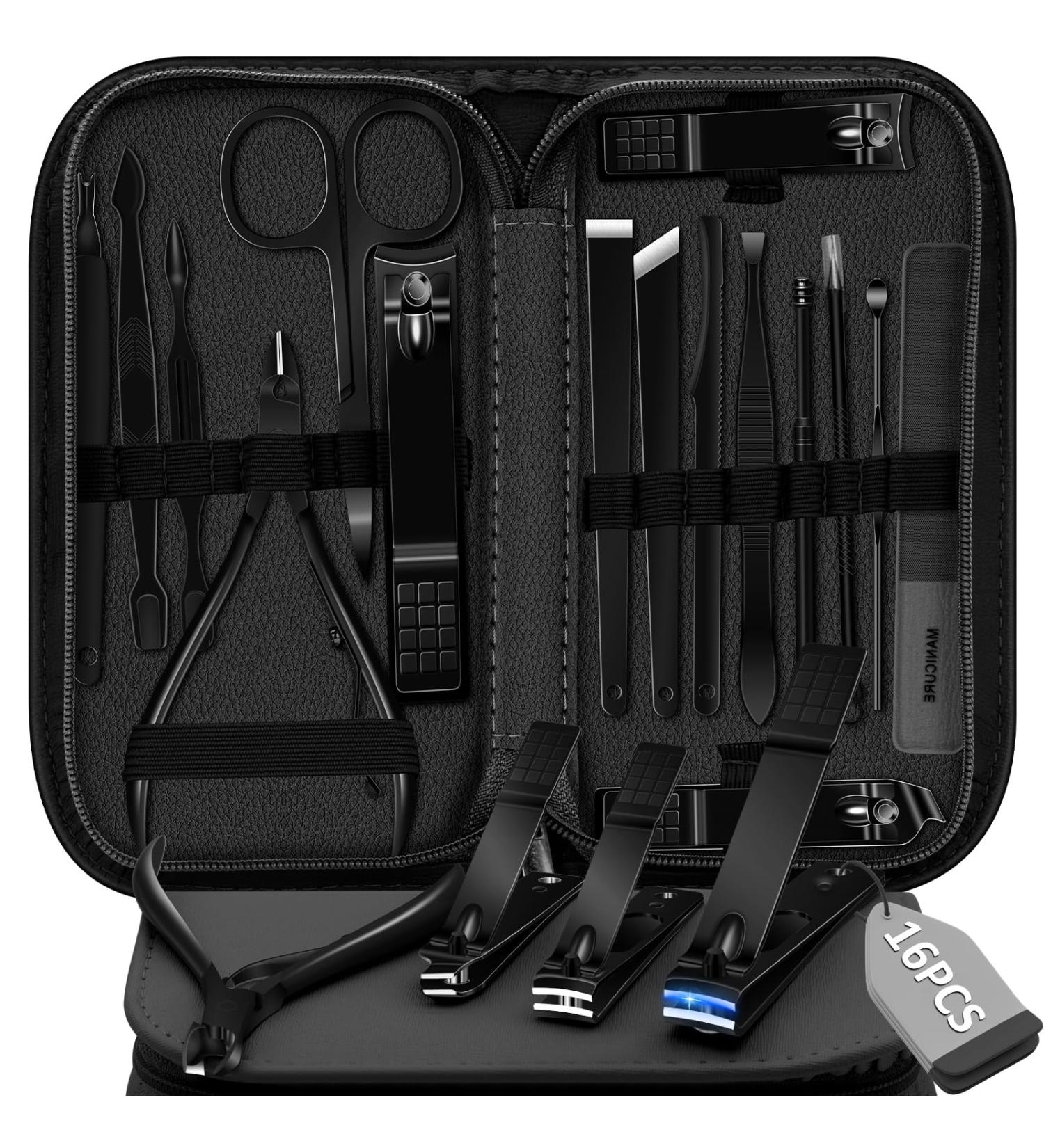 Manicure Set Pedicure Kit 16 Pcs Stainless Steel Nail Clippers Set Professional Nail Care Tools Grooming Kit with Portable Travel Leather Case for Men Women Black - Buy Online on SooperMarket.com
