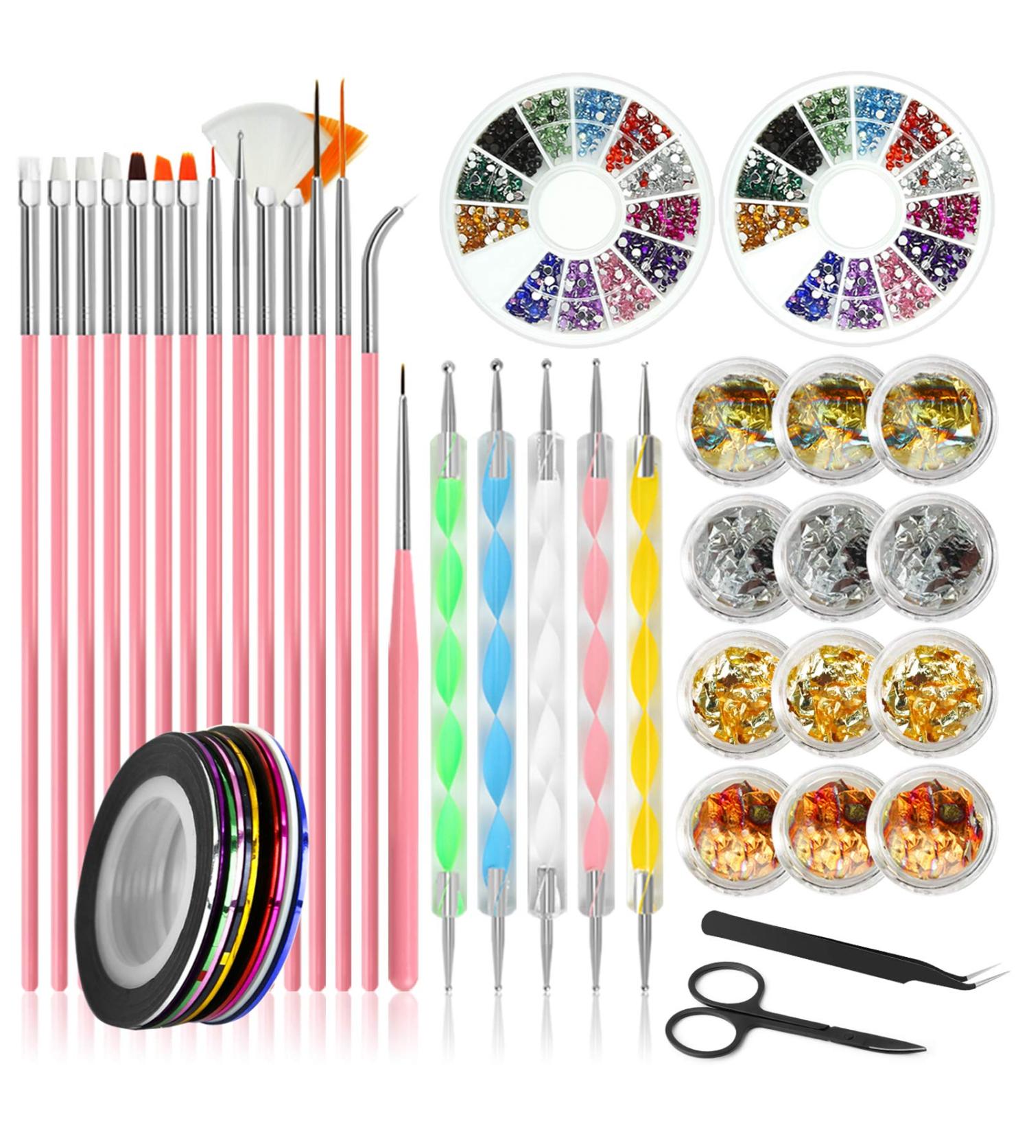Canvalite Nail Art Brush Set - 5 Pc Gel Nail Decoration Tools Dotted Pen Rhinestones & Gold Leaf for Salon & Home Use - Buy Online on SooperMarket.com
