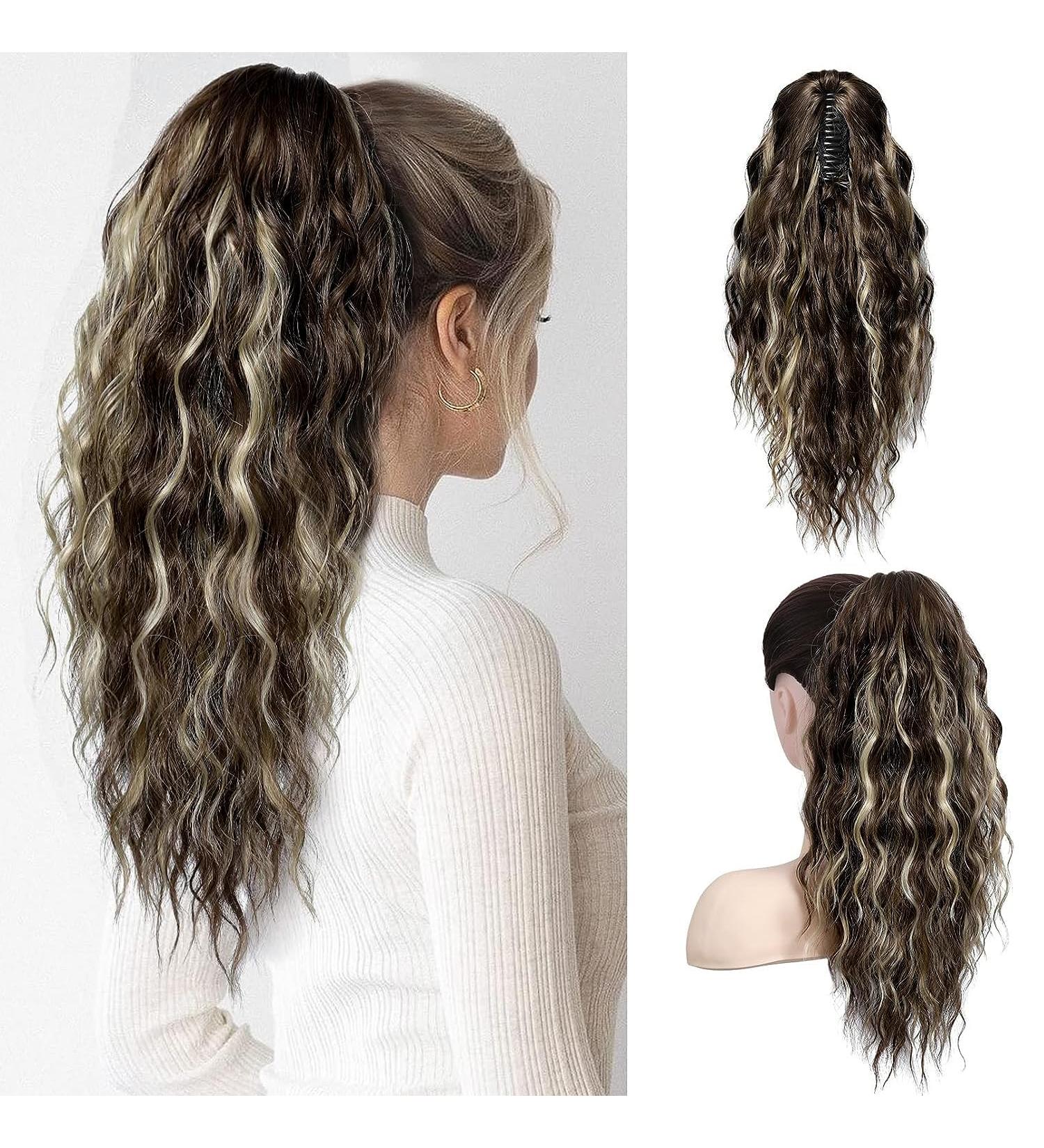 PORSMEER 18 Inch Claw Ponytail Extension Multi Layered Clip on Ponytail Extension for Women Long Curly Wavy Hair Extensions Natural Fluffy Synthetic Clip in Hairpiece for Daily (Brown with platinum) Ash brown with platinum - Buy Online on SooperMarket.com