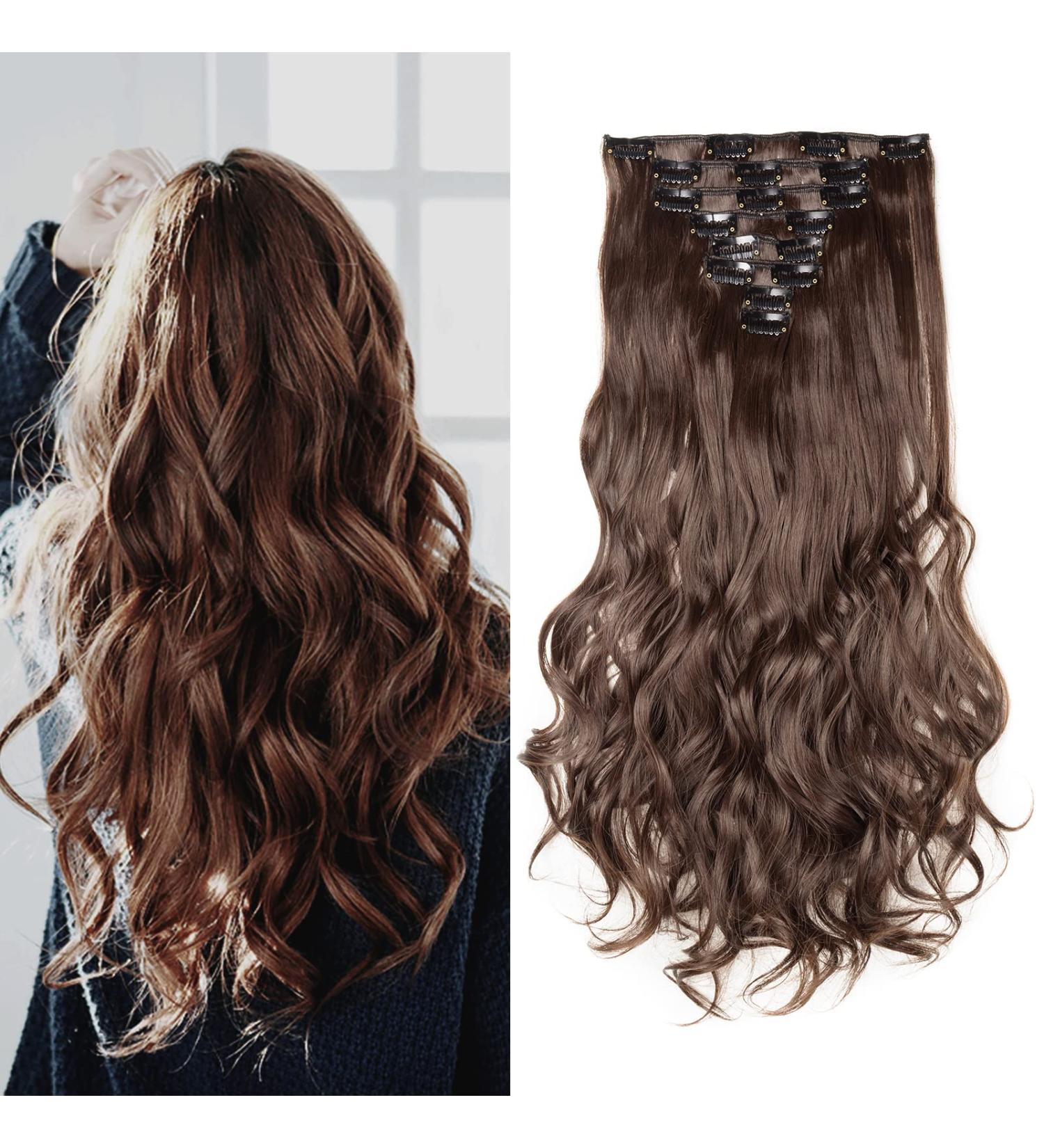 24 Curly Clip-In Hair Extensions - Light Brown Synthetic Hairpiece #24 Inch Curly - Buy Online on SooperMarket.com