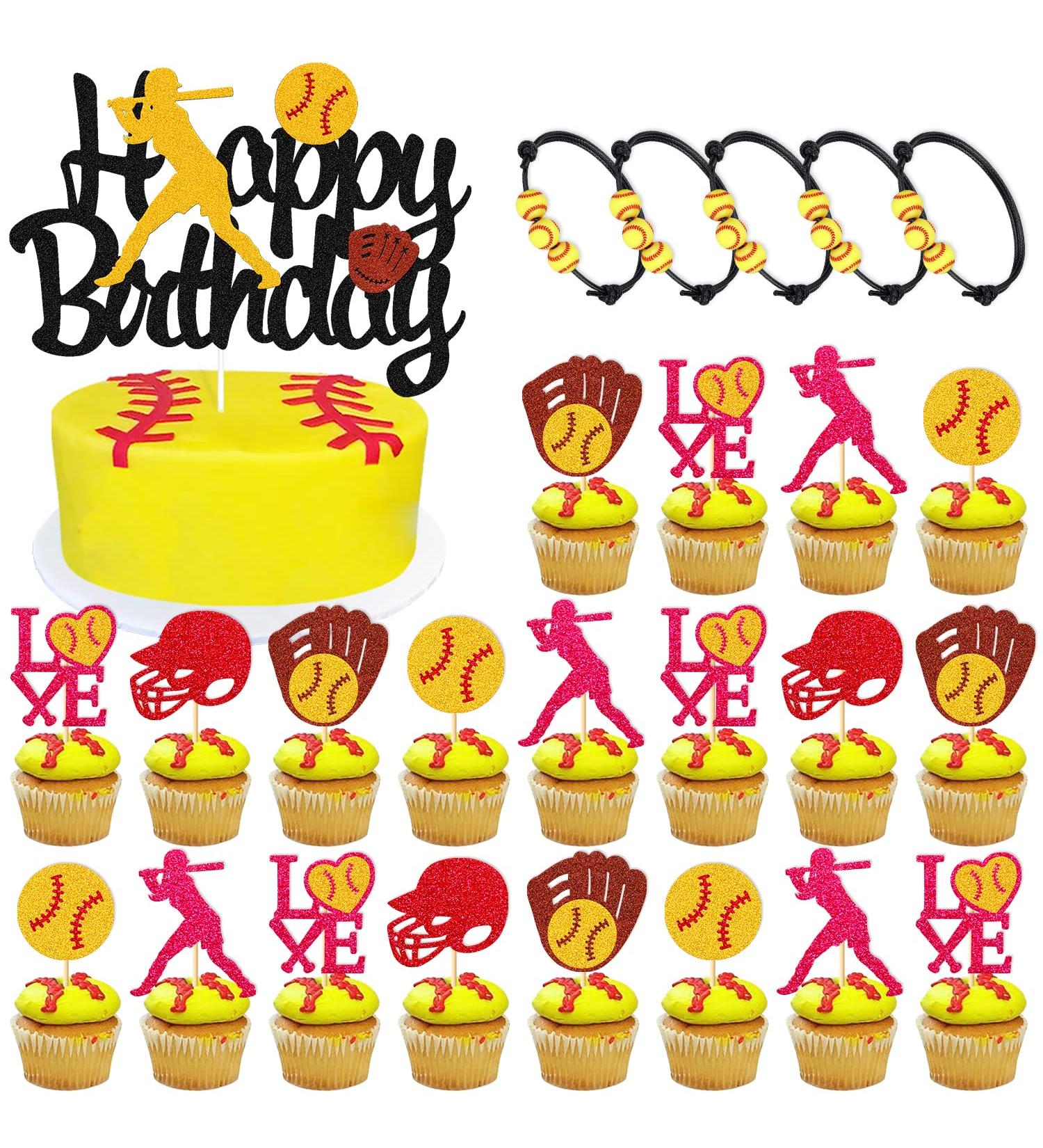 Softball Birthday Decorations Happy Birthday Banner Softball Cake Cupcake Toppers Girl's Bracelet Fastpitch Pitcher Baseball Sport Player Theme for Women Girl Boy Birthday Party Supplies - Buy Online on SooperMarket.com