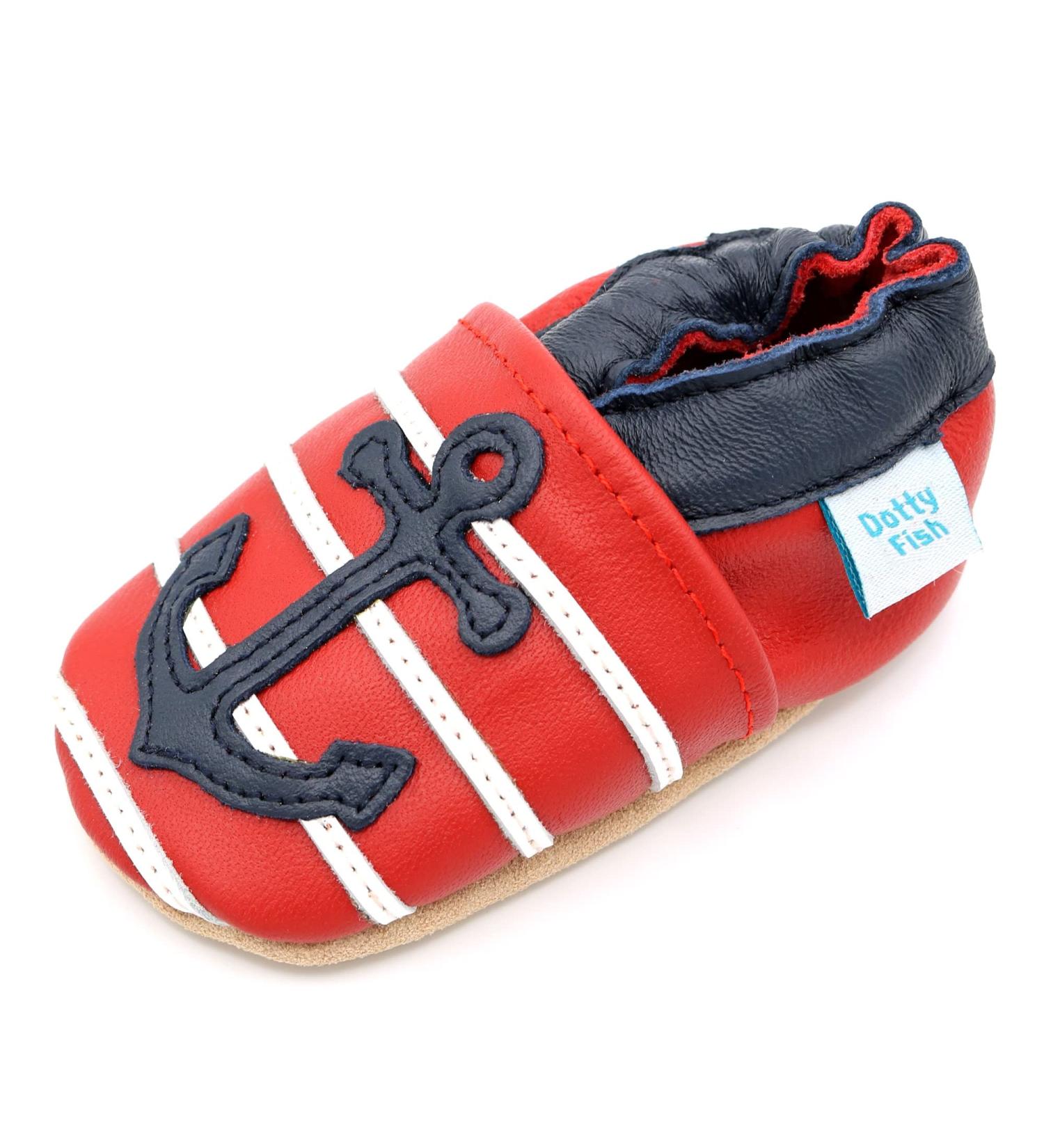 Dotty Fish Soft Leather Baby Shoes for Boys | Non-Slip Suede Soles | Red Anchors | Ages 0-6 Months to 4-5 Years - Buy Online on SooperMarket.com