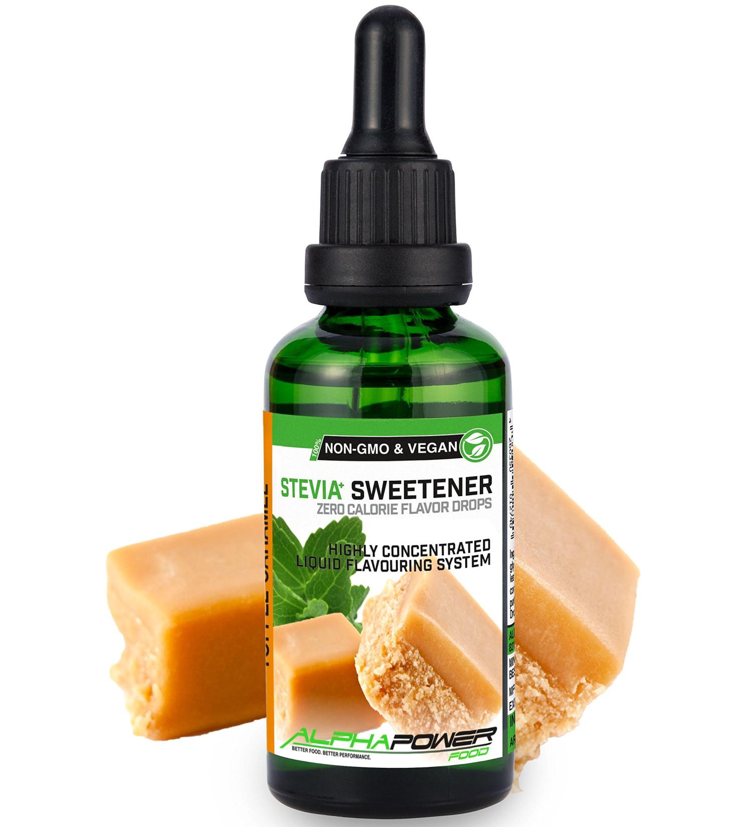 Alphapower Food Stevia Flavor Drops - Sugar-Free Toffee Caramel Aroma | 100% Natural Liquid Sweetener for Water Muesli & Desserts | 50ml - Buy Online on SooperMarket.com