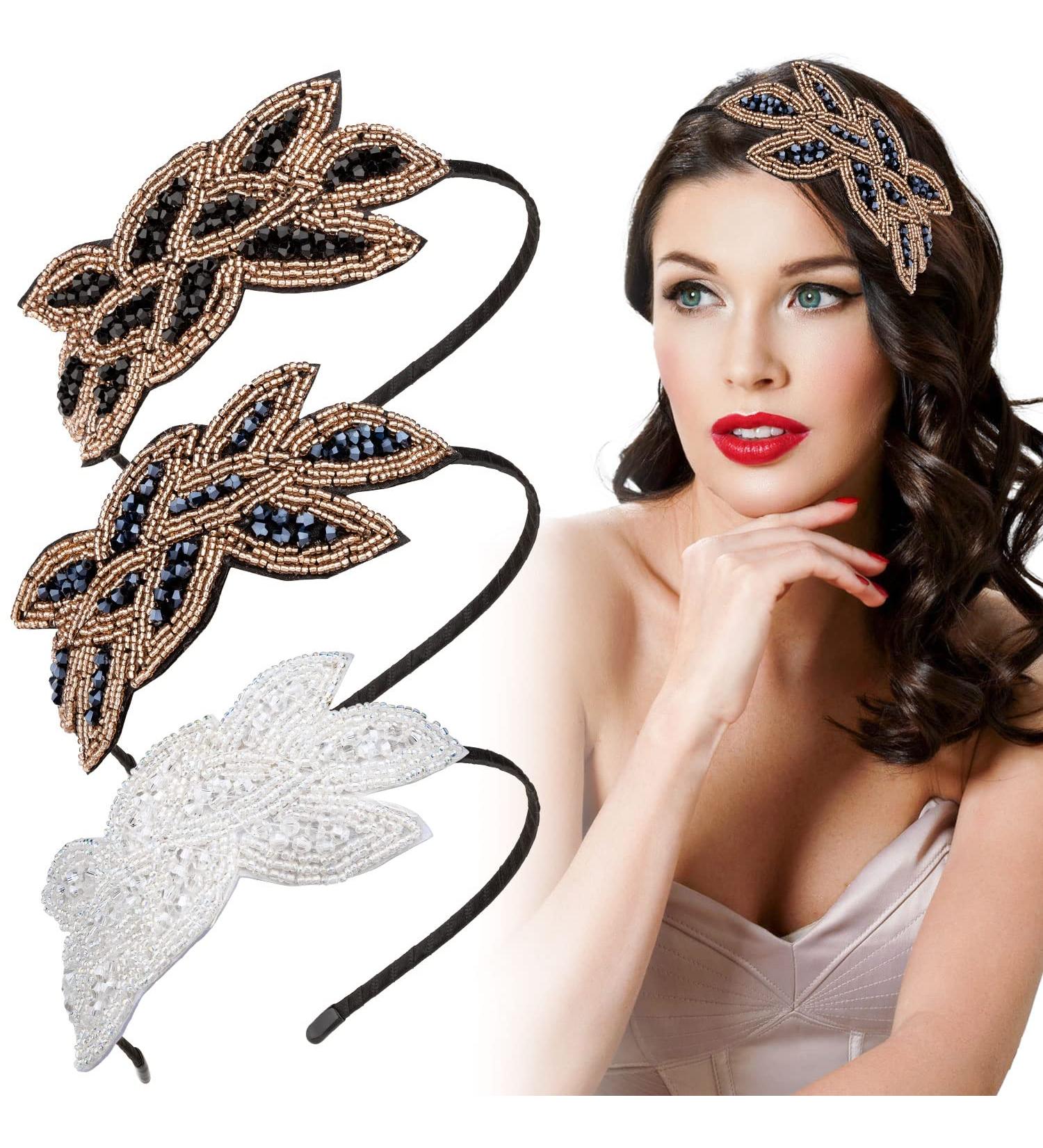 Noverlife 1920s Flapper Headbands 3PCS Set for Women - Rhinestone Beaded Vintage Hair Accessories (Navy Blue/White/Black/Gold) - Buy Online on SooperMarket.com
