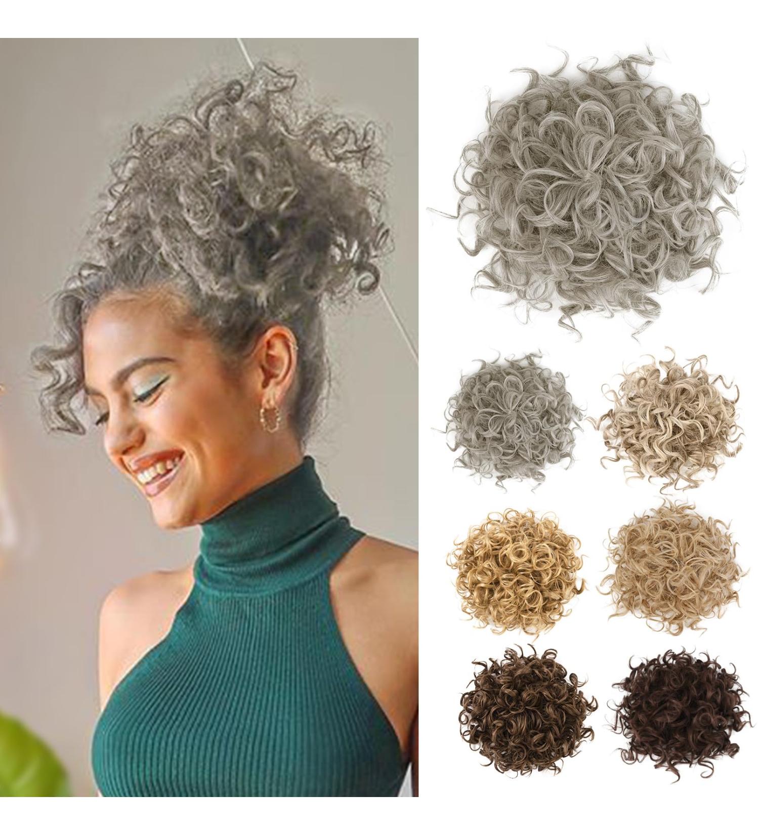 REECHO Messy Bun Hair Piece - Large Curly Wave Extensions for Women, Gray with Brown Mixed - Buy Online on SooperMarket.com