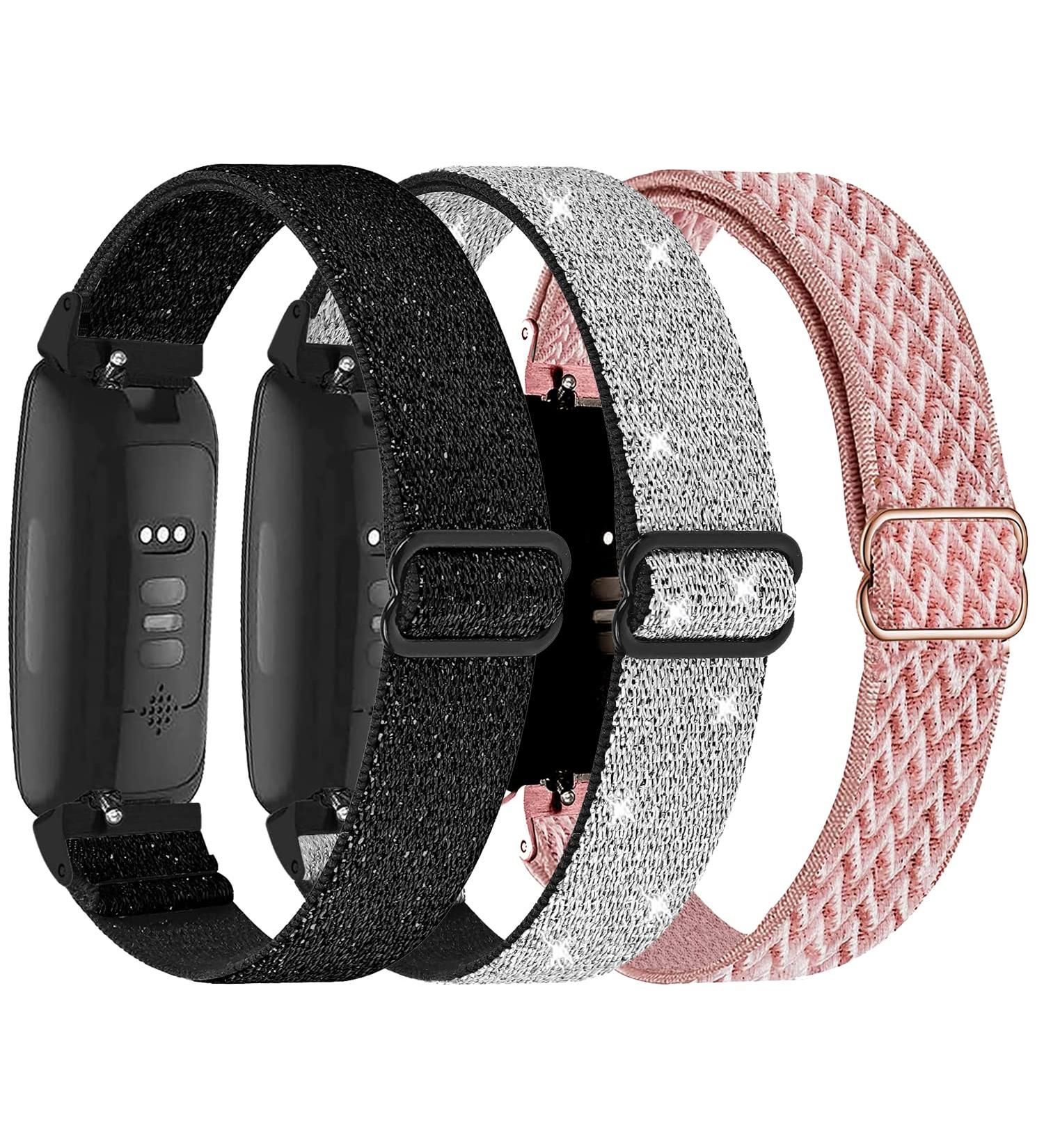 3-Pack Elastic Nylon Bands for Fitbit Inspire 3/2/HR/Ace - Breathable Adjustable Replacement Straps for Women and Men - Bling Black/Silver/Pink - Buy Online on SooperMarket.com