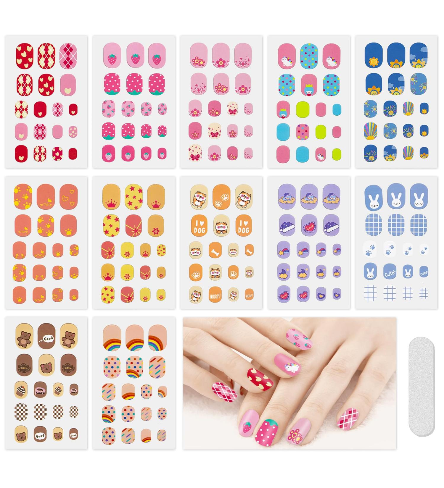 JSRQT 12 Sheets Colorful Nail Stickers Cute Cartoon Full Wrap Nail Art Stickers Decals Kids Girls Self Adhesive Nail Polish Stickers with Nail File Nail Stickers Strip with Rainbow Heart Unicorn - Buy Online on SooperMarket.com